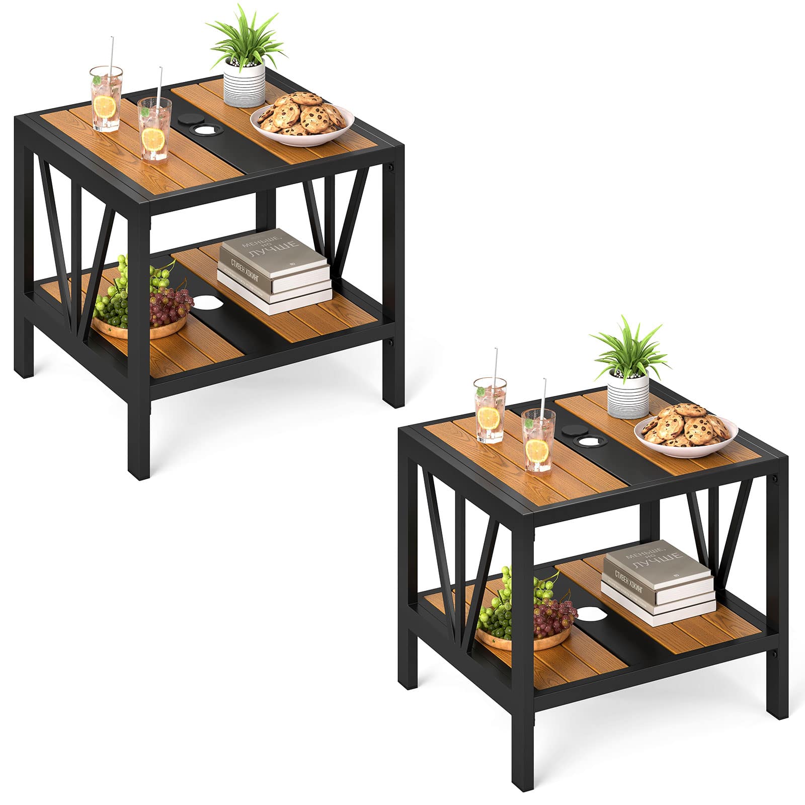Gymax - 2PCS Outdoor Side Table 2-Tier Coffee End Table w/ 1.57'' Umbrella Hole Storage Shelf - Black price history on PriceWatchPro