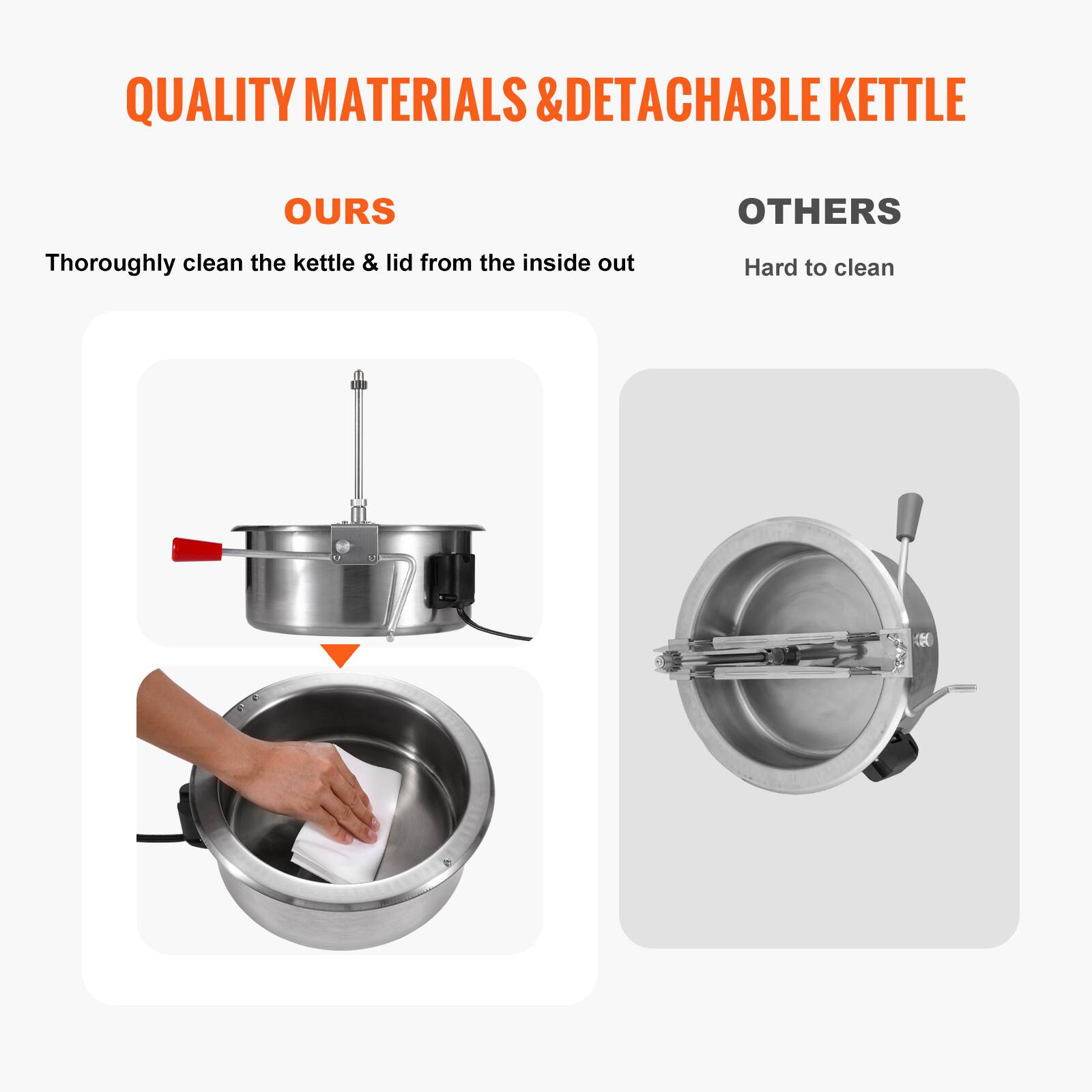QUALITY MATERIALS & DETACHABLE KETTLE

OURS
Thoroughly clean the kettle & lid from the inside out

OTHERS
Hard to clean