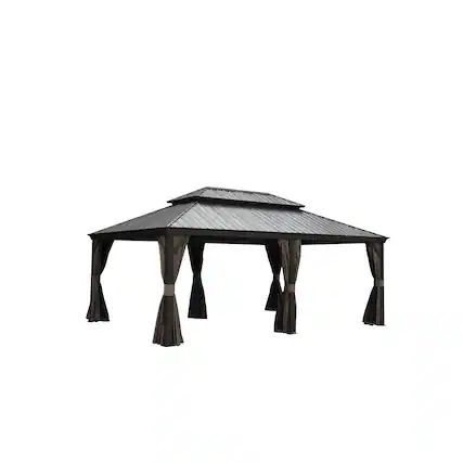 Front. Mondawe - 14x20FT Hardtop Metal Gazebo with Double Roof - Brown.