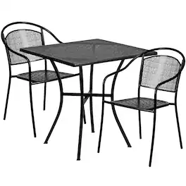 Emma + Oliver - Commercial Grade 28" Square Metal Patio Table Set with 2 Round Back Chairs - Black