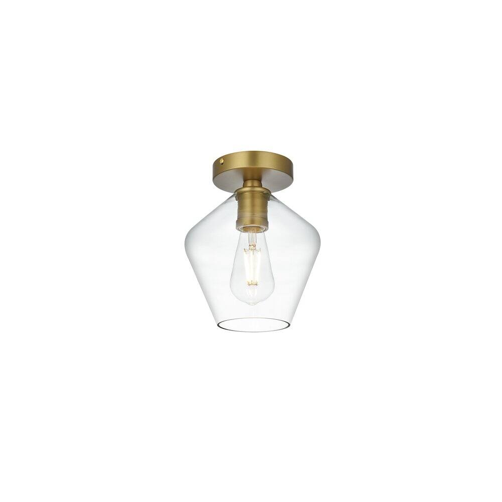 Left. Living District - Gene 8 Inch Flush Mount Ceiling Light Clear Shade in Satin Gold - Satin Gold And Clear.