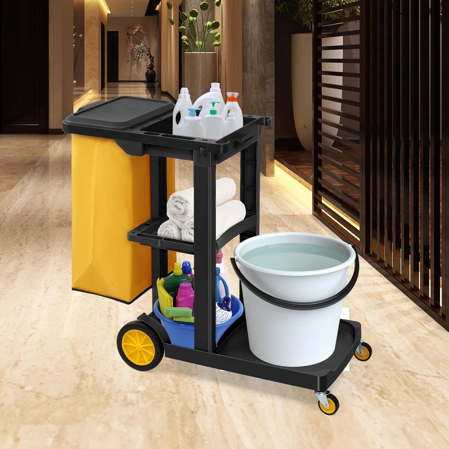 Angle. Winado - Traditional Cleaning 3-Shelf Janitorial Cart, 500 Lbs Capacity Housekeeping Cart - Black.