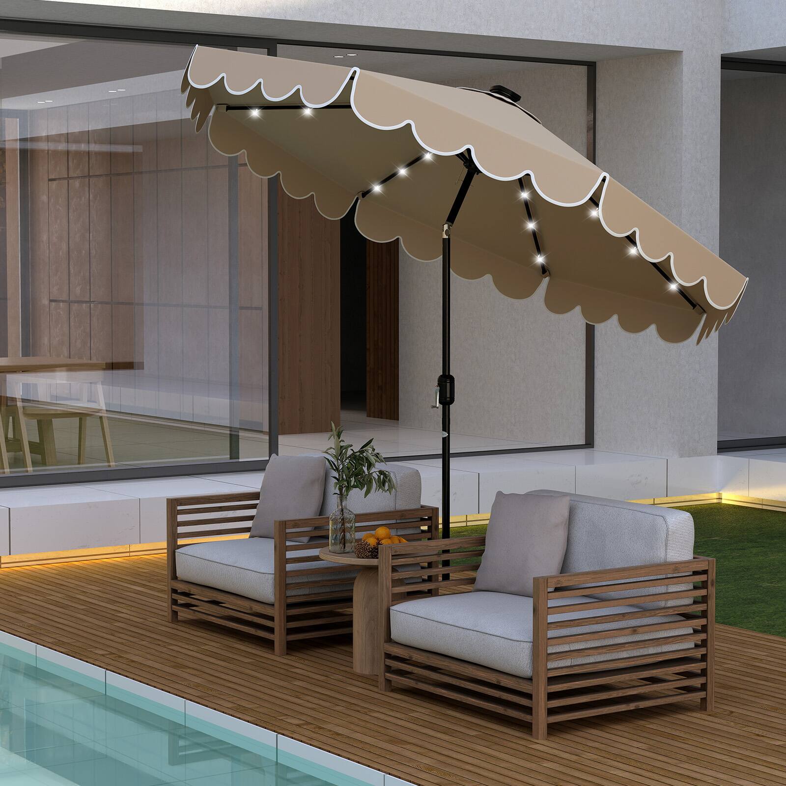 Alt View 1. Gymax - Gymax 9.3 FT Solar Patio Umbrella w/ 32 LED Lights & Vented Top & Ruffles Coffee - Coffee.