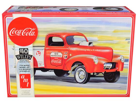 Sure, here is the corrected and grouped text from the image:
---
**Coca-Cola**
**'40 Willys Pickup Truck**
**Camion de Pickup**
**1/25 Scale Model Kit**
**1/25 Modèle d'Échelle**
**There's nothing like a Coke.**
**GO REFRESHED**
**DRINK Coca-Cola**
**1 Plastic Kit**
**1 Trousse en Plastique**
**a m t**
---
This text is organized to reflect the information on the packaging of the model kit.