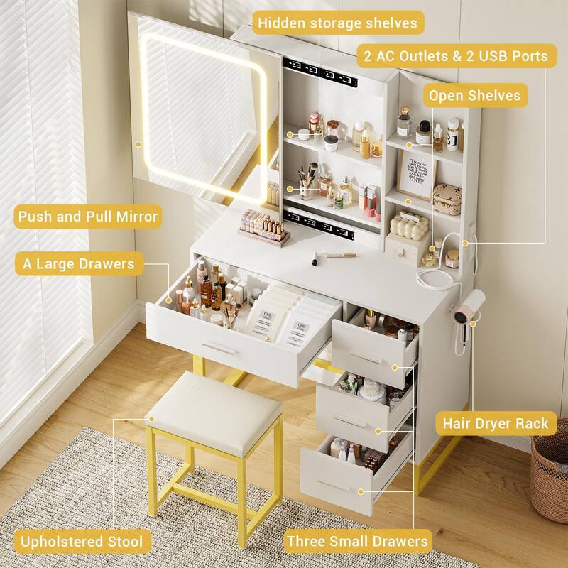 - Hidden storage shelves
- 2 AC Outlets & 2 USB Ports
- Open Shelves
- Push and Pull Mirror
- A Large Drawers
- Upholstered Stool
- Hair Dryer Rack
- Three Small Drawers