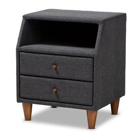 Baxton Studio - Claverie Mid-Century Modern Fabric Upholstered 2-Drawer Wood Nightstand - Charcoal