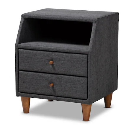 Front. Baxton Studio - Claverie Mid-Century Modern Charcoal Fabric Upholstered 2-Drawer Wood Nightstand - Charcoal.