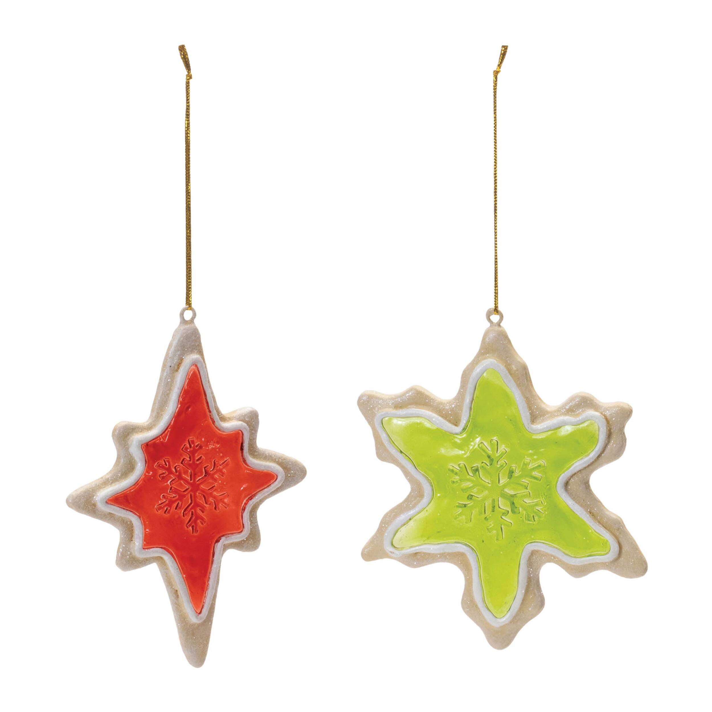 Angle. BreeBe - Frosted Cookie Star and Snowflake Ornament (Set of 6) - Red, Green.