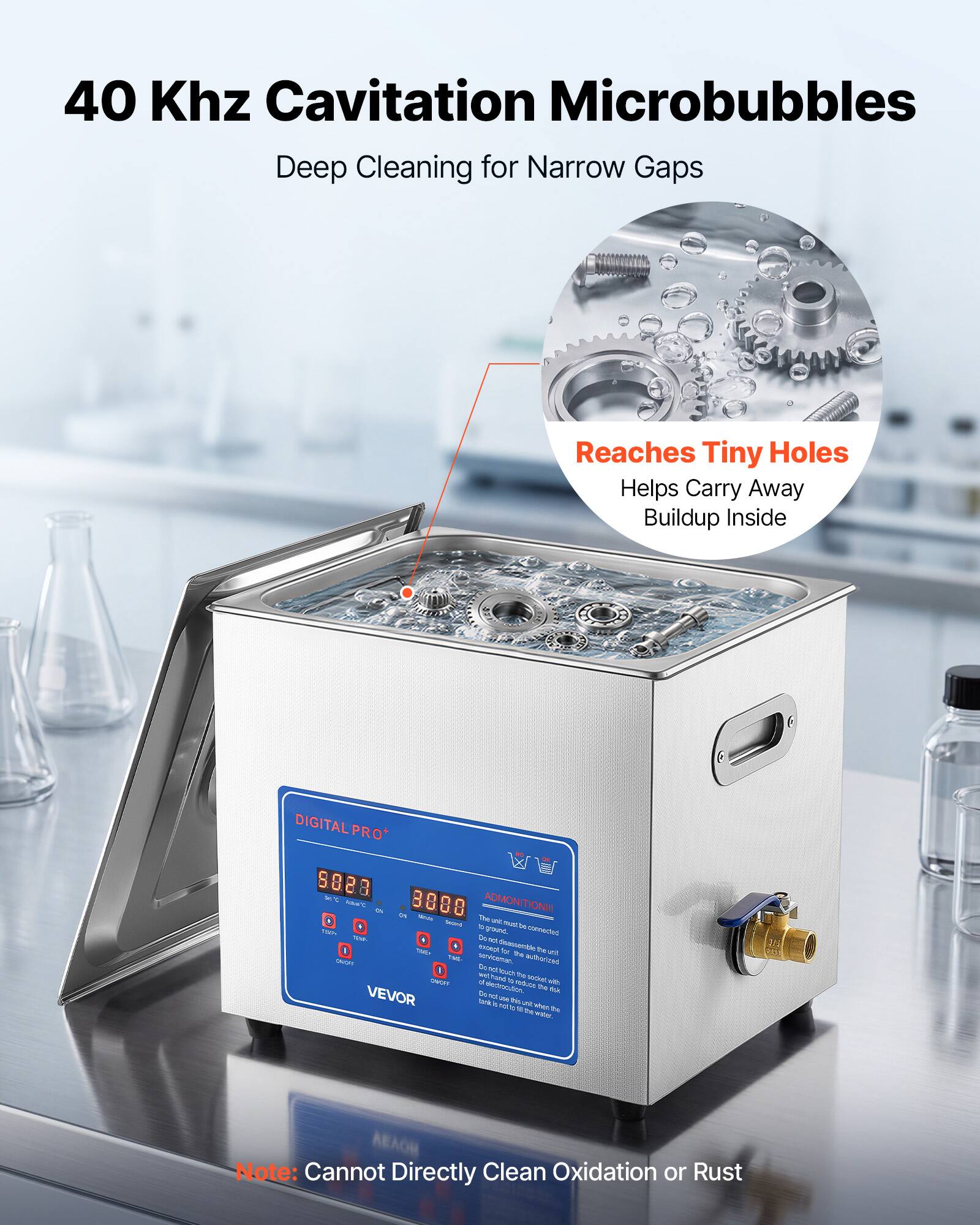 40 KHz Cavitation Microbubbles Deep Cleaning for Narrow Gaps Reaches Tiny Holes Helps Carry Away Buildup Inside DIGITALPRO* W 9828 C. ADMONITION ... A I o 8888 A - 1e . - - - T - S camnected om y M I i - - Oacee - mau tha - 1NE seryiamun suttortzed 8 2 Dottuuth T se buch - UU matfond a Te  M - - te - VEVOR d - tora - - . n - whain T - T Te

Note: Cannot Directly Clean Oxidation or Rust
