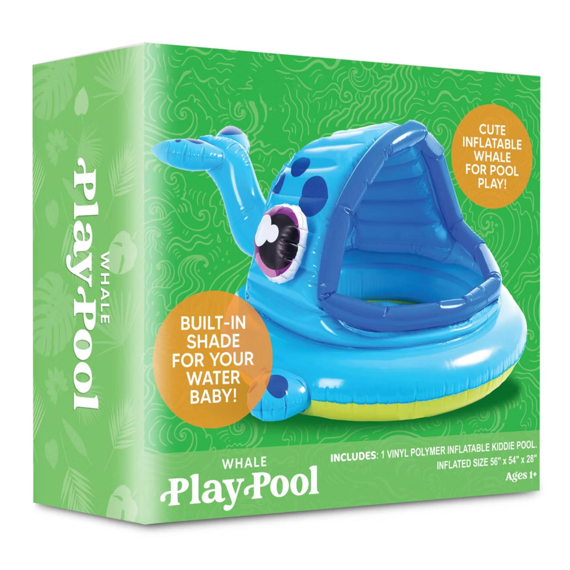 CUTE INFLATABLE WHALE FOR POOL PLAY!  
PlayPool WHALE FOR BUILT-IN WATER SHADE BABY!  
YOUR INFLATABLE KIDDIE POOL INCLUDES:  
1 VINYL POLYMER WHALE SIZE 56" X 54" X 28" INFLATED  
Ages 1+  
Play-Pool