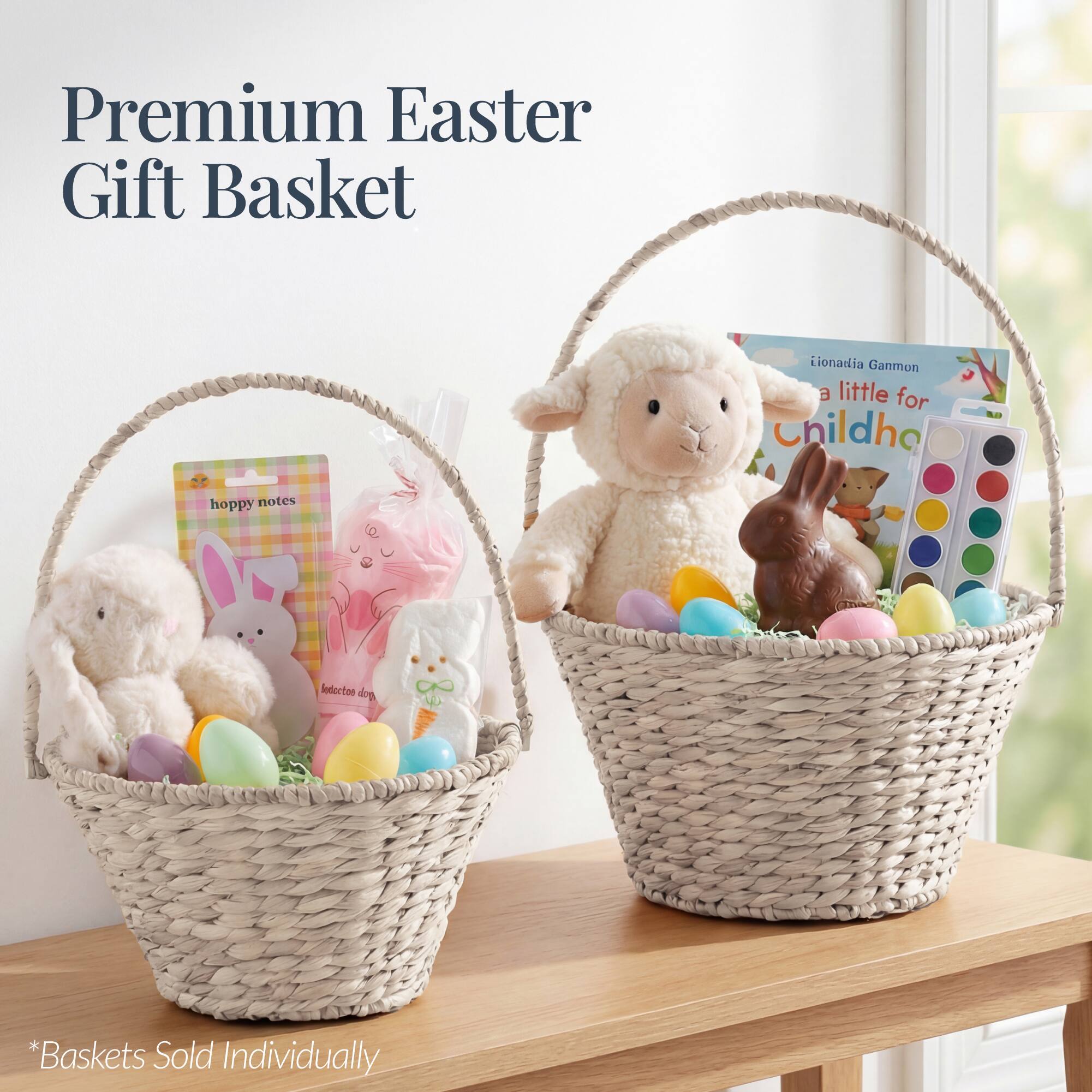 Premium Easter Gift Basket  
Lionadia Ganmon a little for Childhood  
hoppy notes  
*Baskets Sold Individually