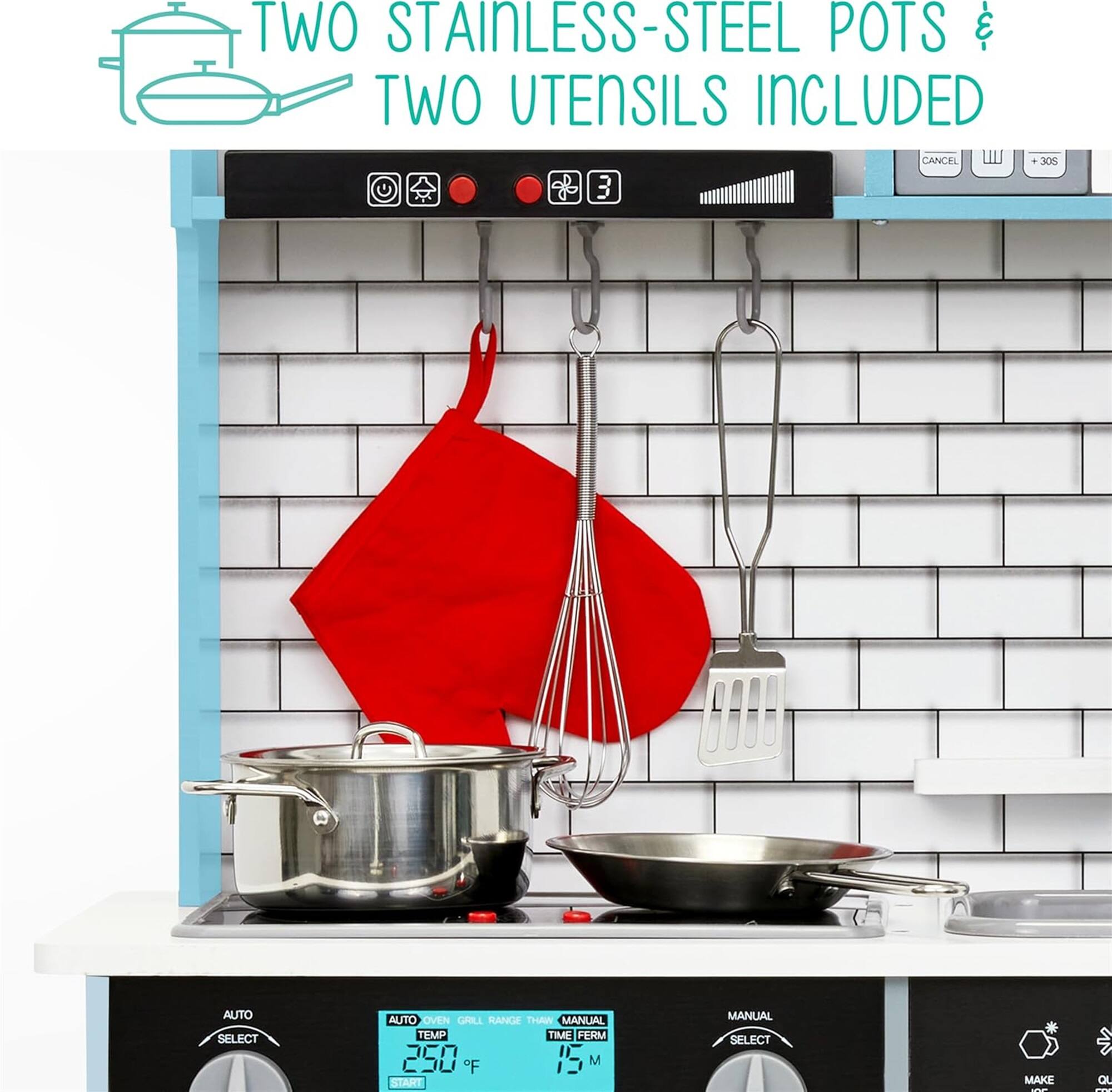 TWO STAINLESS-STEEL POTS TWO UTENSILS INCLUDED

CANCEL
30S
3
AUTO
SELECT
AUTO OVEN
GAILL RANGE
THAW
MANUAL
TEMP
TIME
FERM
250°F
15 M
START
MANUAL
SELECT
MAKE
O