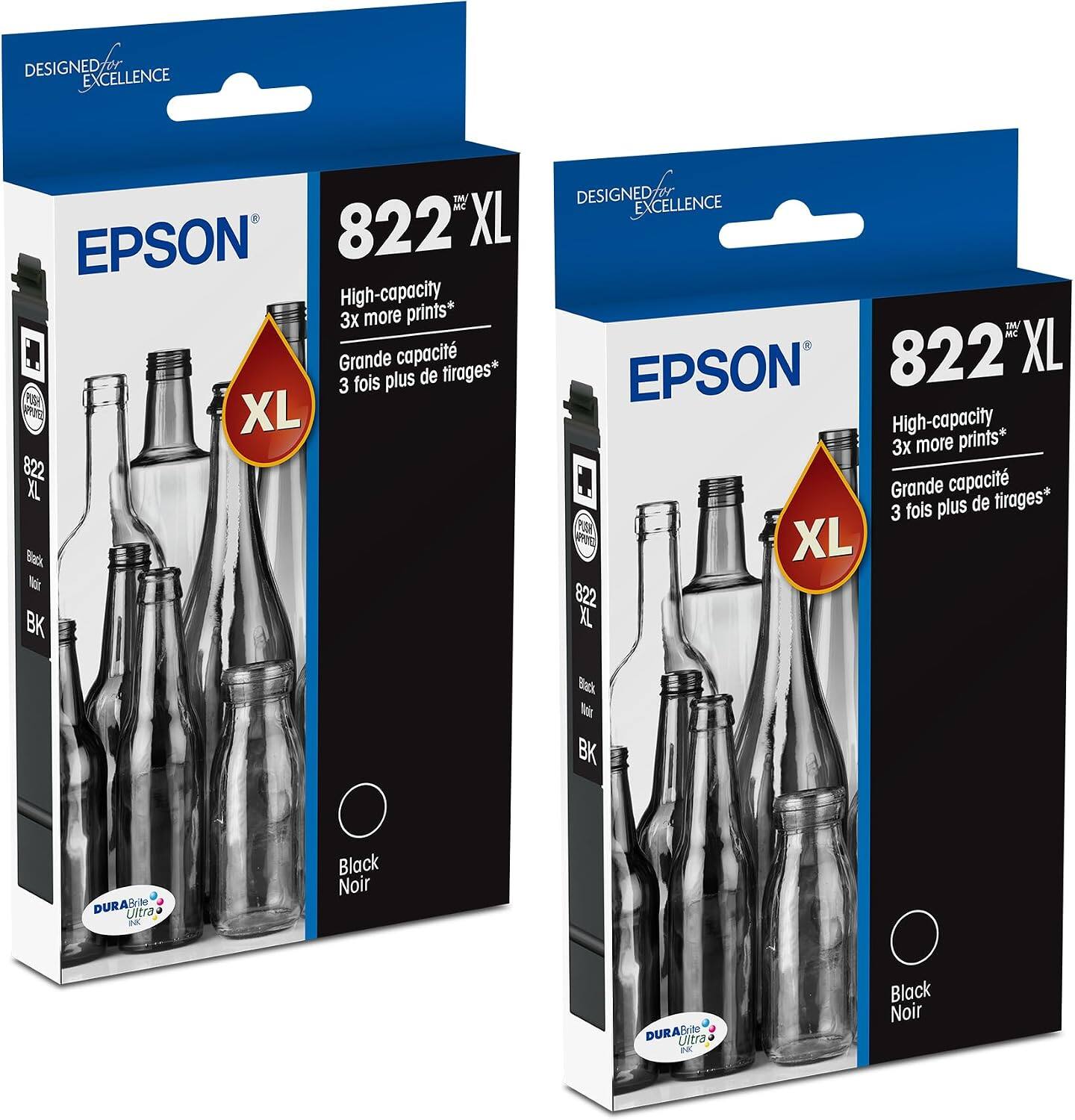 DESIGNED FOR EXCELLENCE  
EPSON 822 XL  
High-capacity 3x more prints*  
Grande capacité 3 fois plus de tirages*  
XL  
BK  
Black Noir  
DURASrite Ultra
