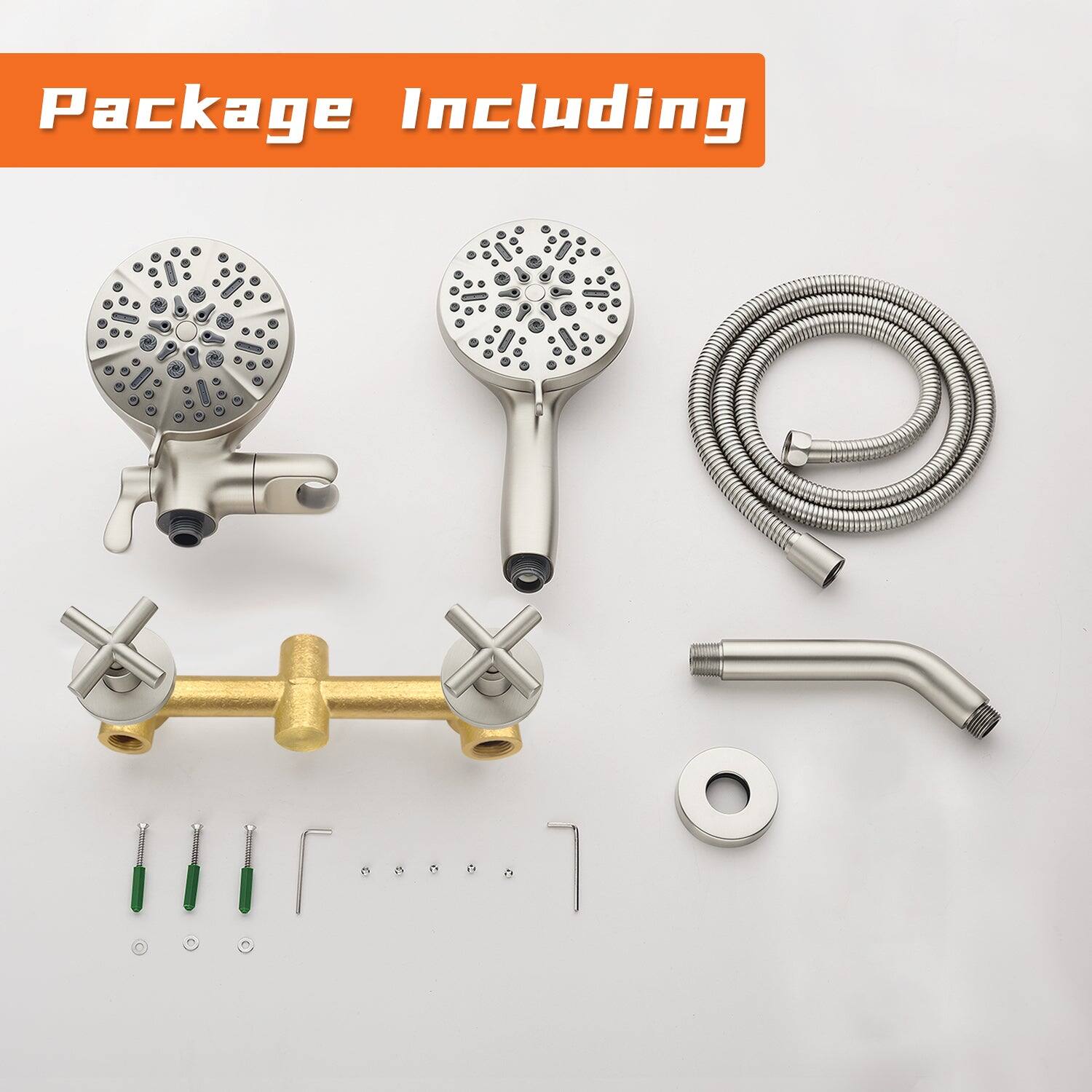 Package Including

- Showerhead
- Handheld showerhead
- Flexible hose
- Faucet
- Drain pipe
- Mounting hardware (screws, washers, etc.)