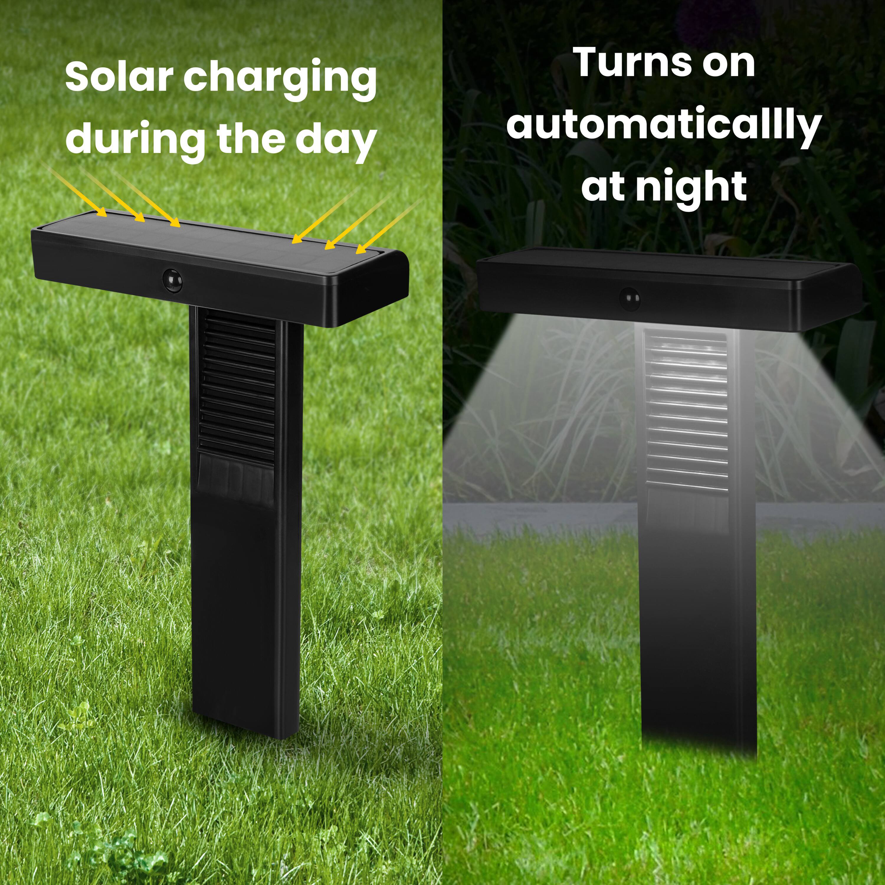 Solar charging during the day  
Turns on automatically at night