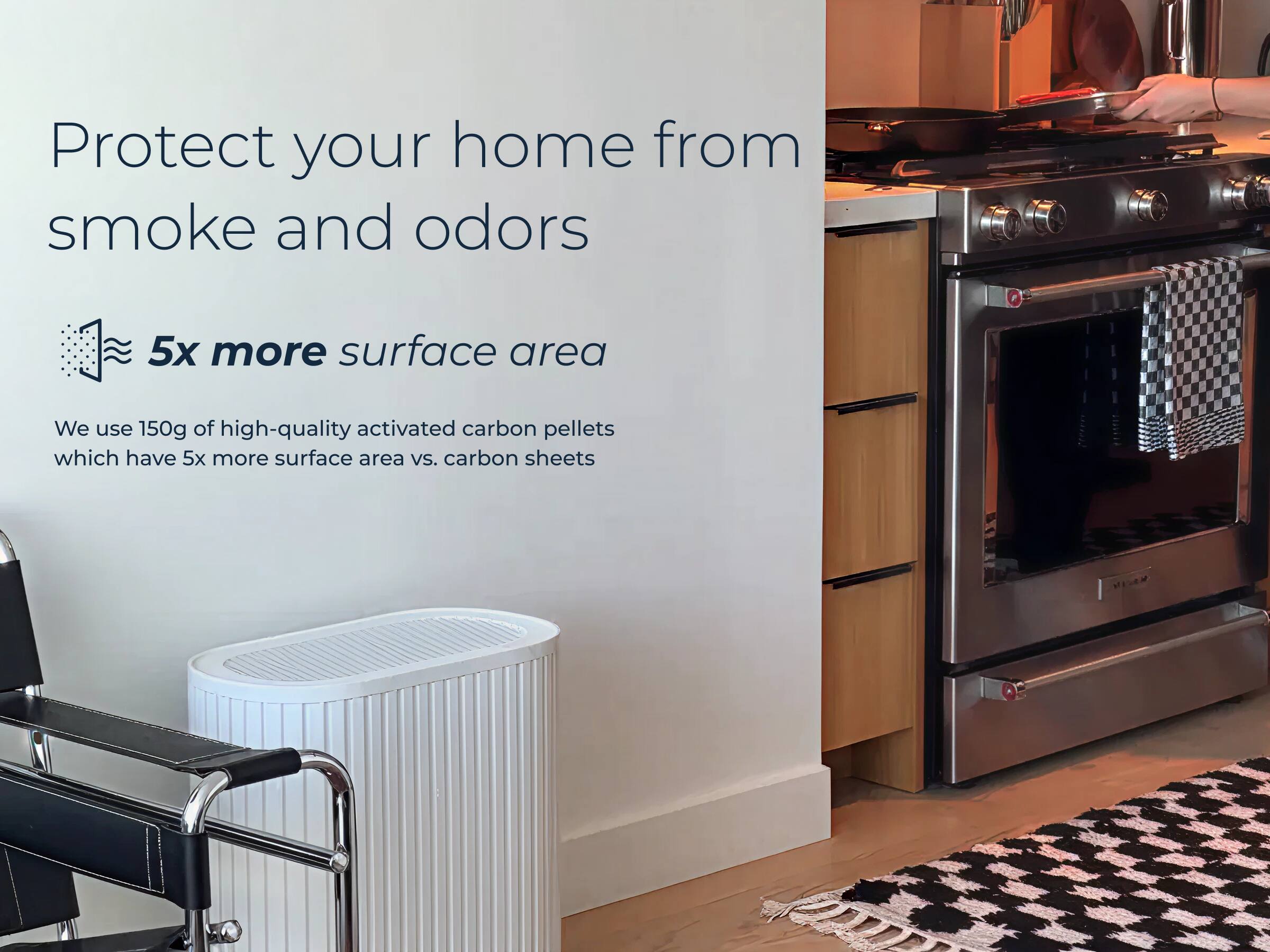 Protect your home from smoke and odors

5x more surface area

We use 150g of high-quality activated carbon pellets which have 5x more surface area vs. carbon sheets