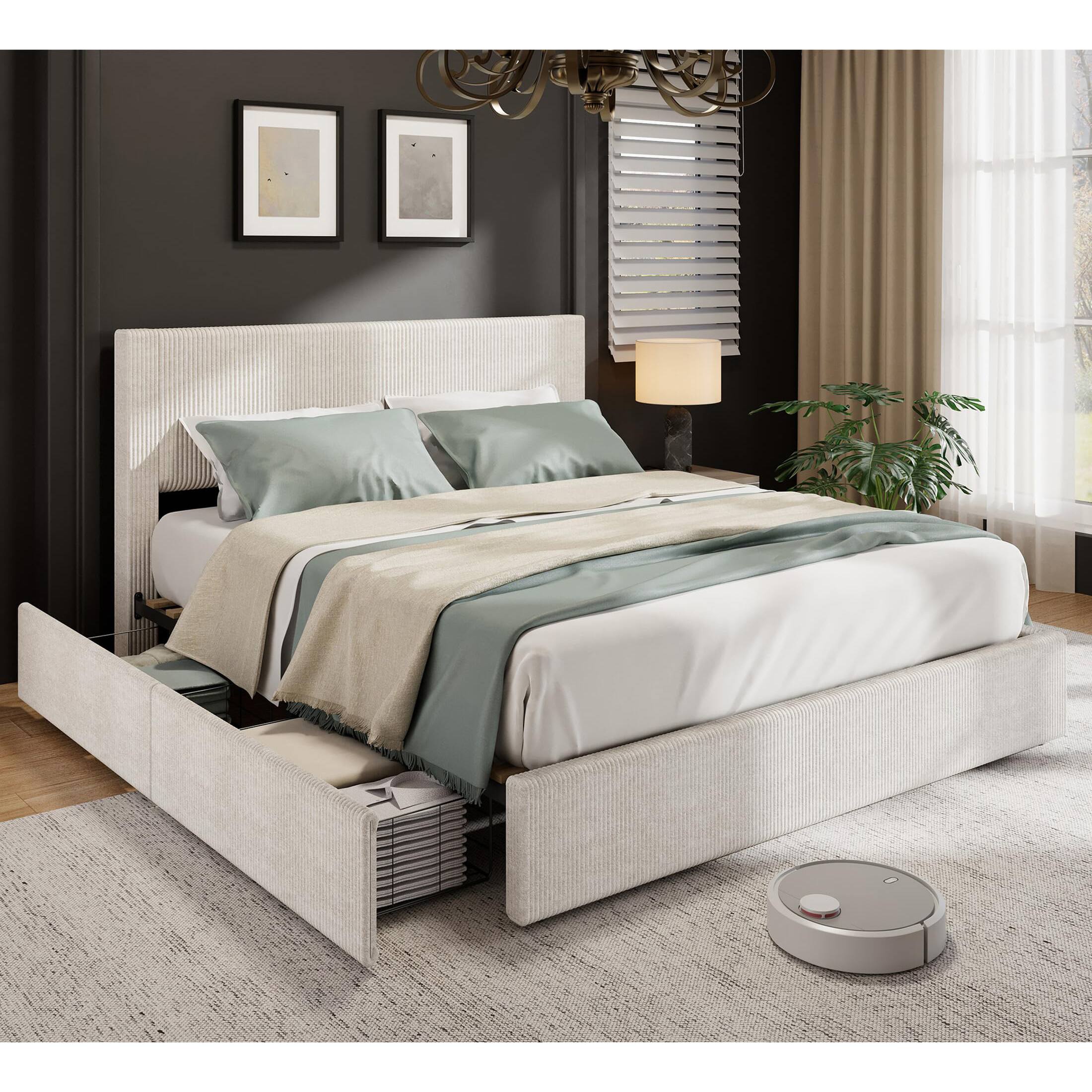 Front. Homhougo - Bed Frame, Queen Size Platform Bed Frame with 4 Storage Drawers,Upholstered Channel Tufted Wingback Headboard Bed Frame - Beige.