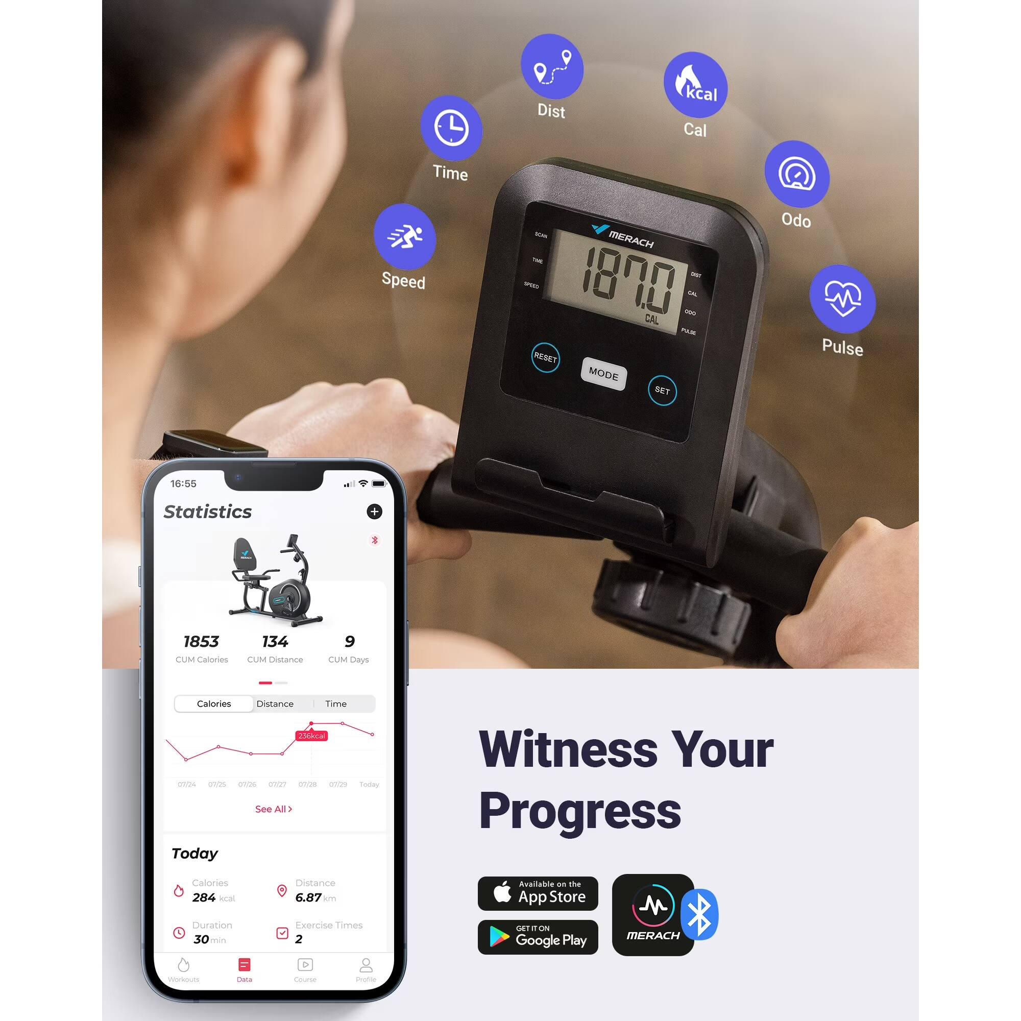 Dist kcal Cal Time Speed - MERACH - - - 1800 - - CAL I REHET MCDE BET Odo Pulse 16:58 Statistics + 1853 CUM Calories 134 CUM Distance 9 CUM Days Calories 204 cal Duration 30 mi Distance 6.87 a Exercise Times 2 Available - the App Store SETION Google Play M MERACH Workouts Cona - Pot

Witness Your Progress

Statistics
1853 CUM Calories
134 CUM Distance
9 CUM Days

Today
Calories 284 cal
Duration 30 min
Distance 6.87 km
Exercise Times 2

Available on the App Store
Google Play

MERACH