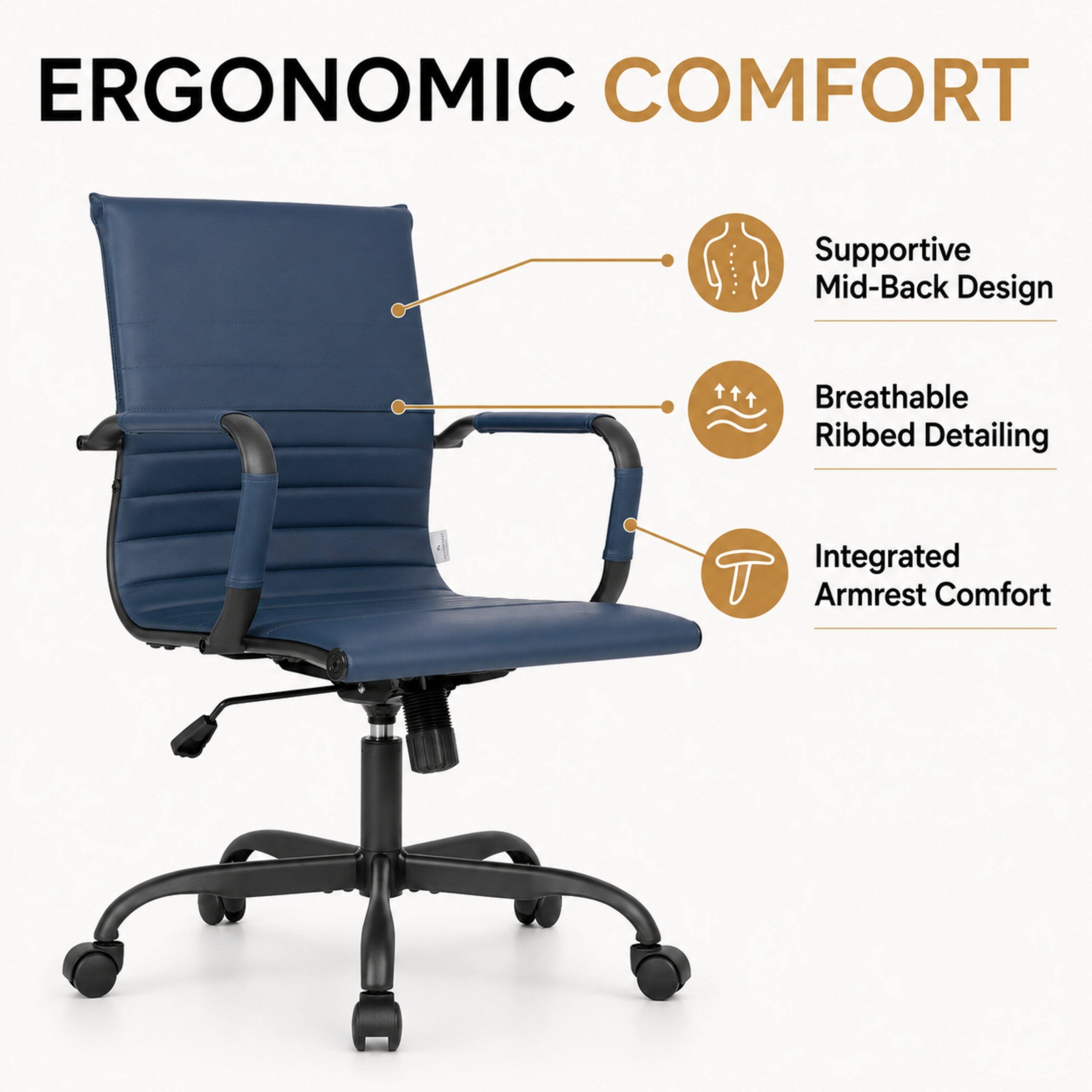 ERGONOMIC COMFORT

- Supportive Mid-Back Design
- Breathable Ribbed Detailing
- Integrated Armrest Comfort