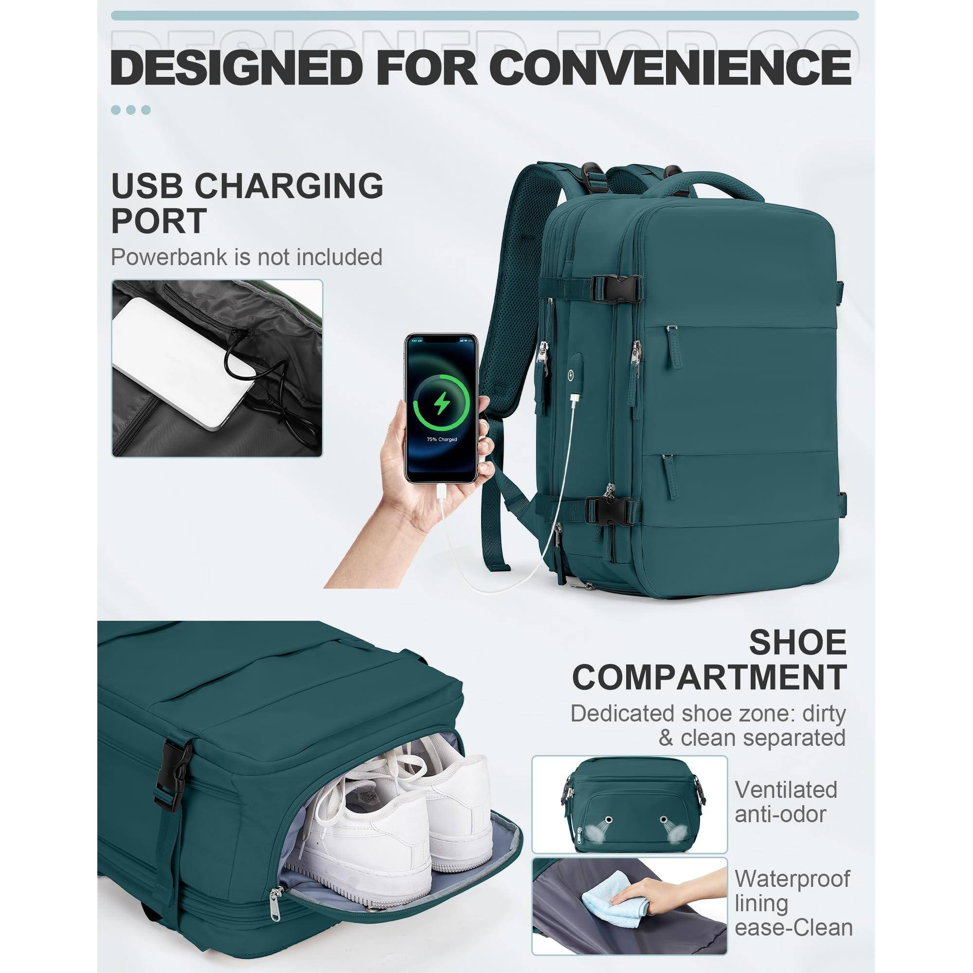 DESIGNED FOR CONVENIENCE

USB CHARGING PORT
Powerbank is not included

SHOE COMPARTMENT
Dedicated shoe zone: dirty & clean separated
Ventilated anti-odor
Waterproof lining
ease-Clean