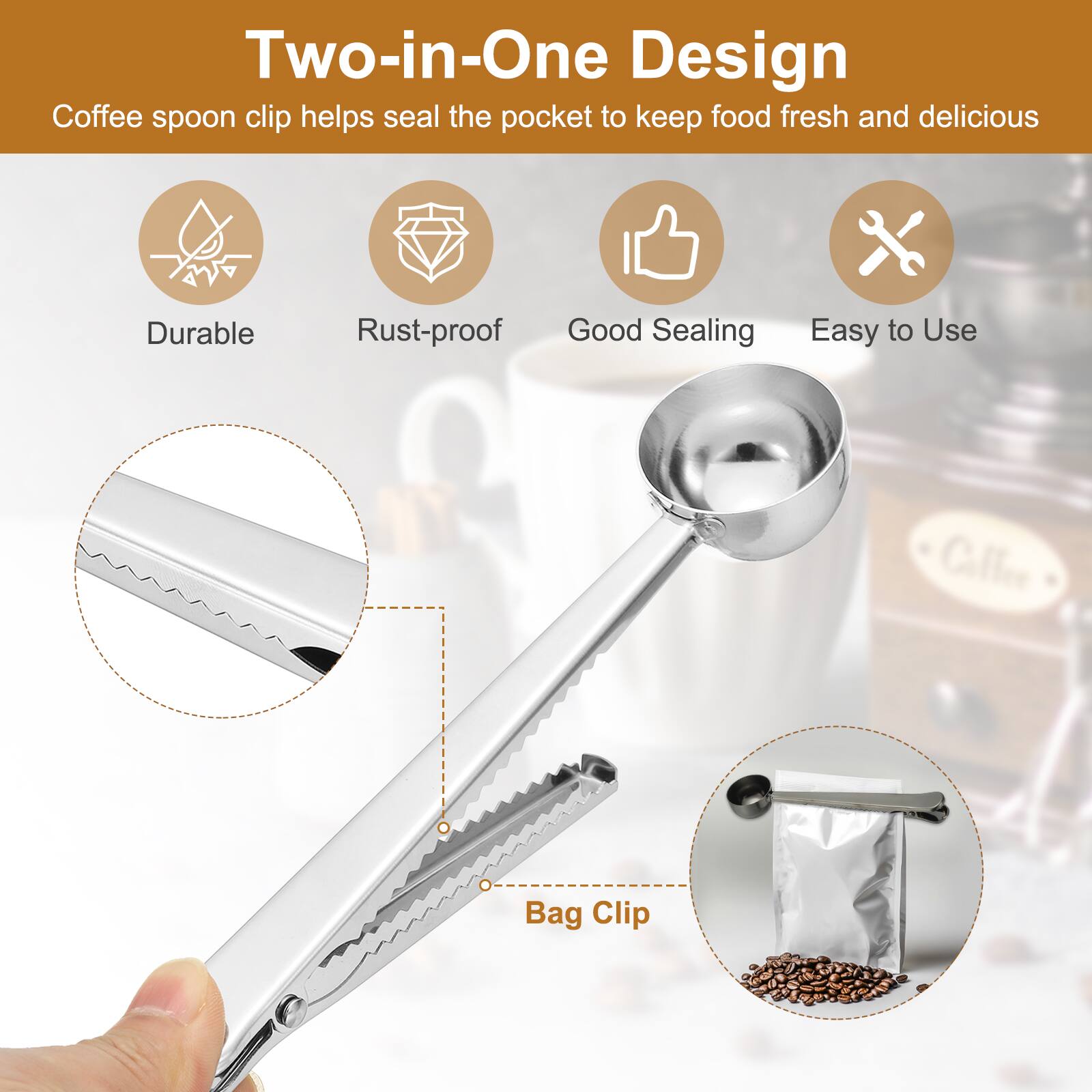 Two-in-One Design  
Coffee spoon clip helps seal the pocket to keep food fresh and delicious  
Durable  
Rust-proof  
Good Sealing  
Easy to Use  
Calfee Bag Clip