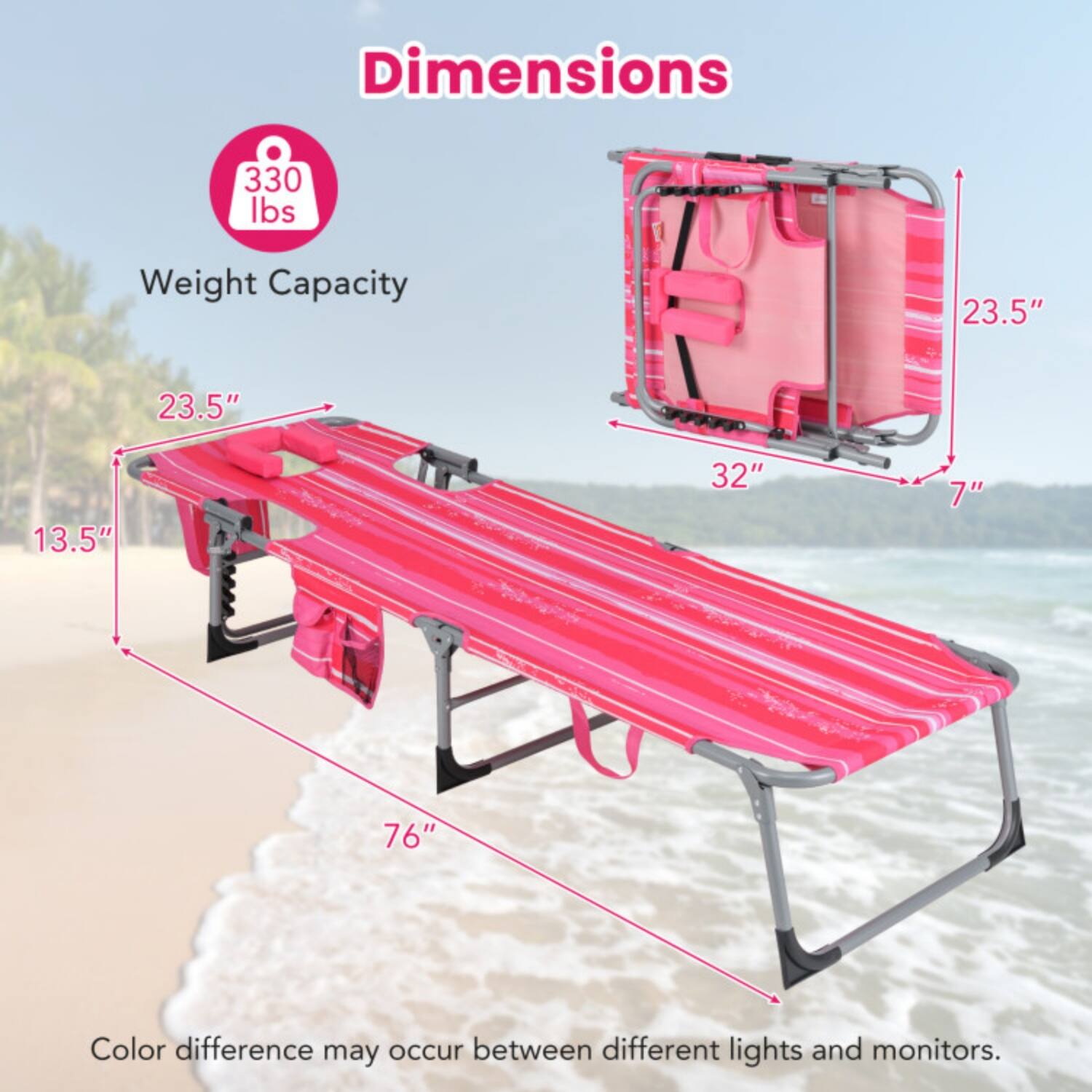 Dimensions  
Weight Capacity: 330 lbs  
Dimensions: 23.5" x 23.5" x 13.5" x 32" x 7" x 76"  
Color difference may occur between different lights and monitors.