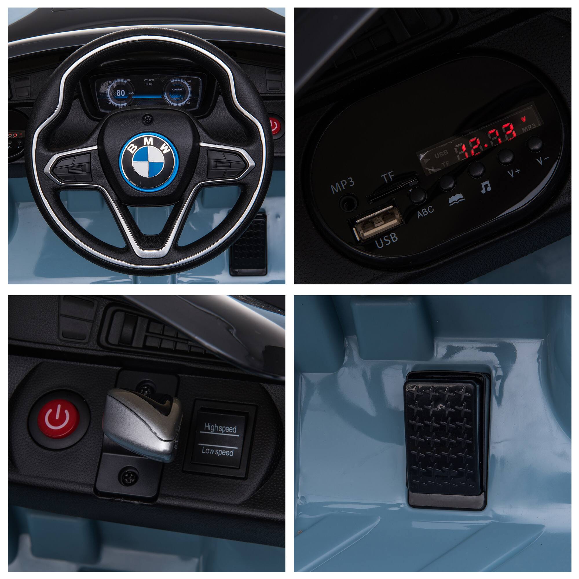 1. **BMW Steering Wheel:**
   - 80 km/h
   - BMW M logo

2. **Car Audio System:**
   - MP3
   - TF
   - USB
   - ABC
   - USB port
   - V+ V-
   - Display: 08:08 MP3

3. **Gear Shift:**
   - High speed
   - Low speed

4. **Footwell:**
   - Rubber mat