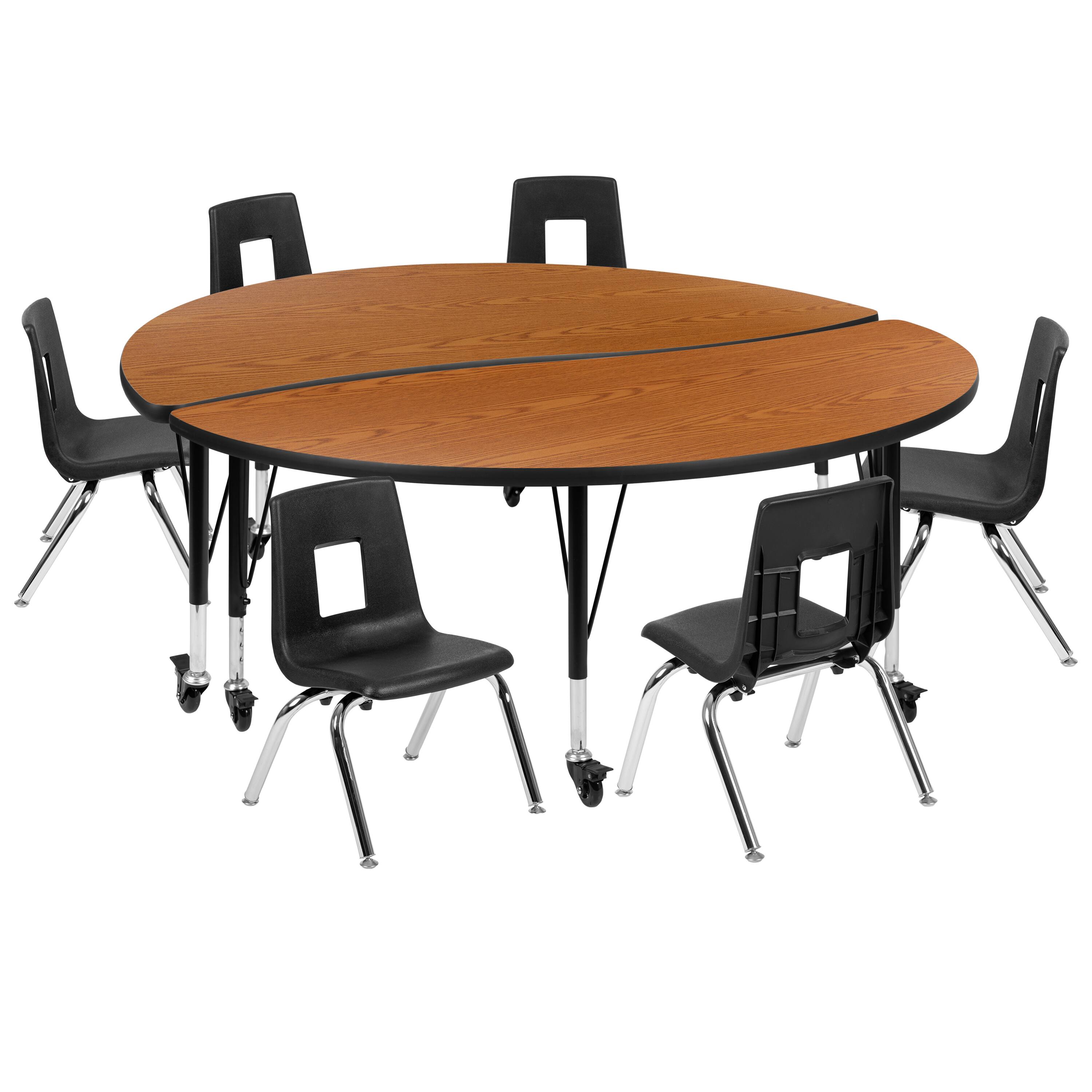 Alt View 1. Emma + Oliver - Mobile 60" Circle Wave Collaborative Laminate Activity Table Set with 14" Student Stack Chairs, Grey/Black - Oak.