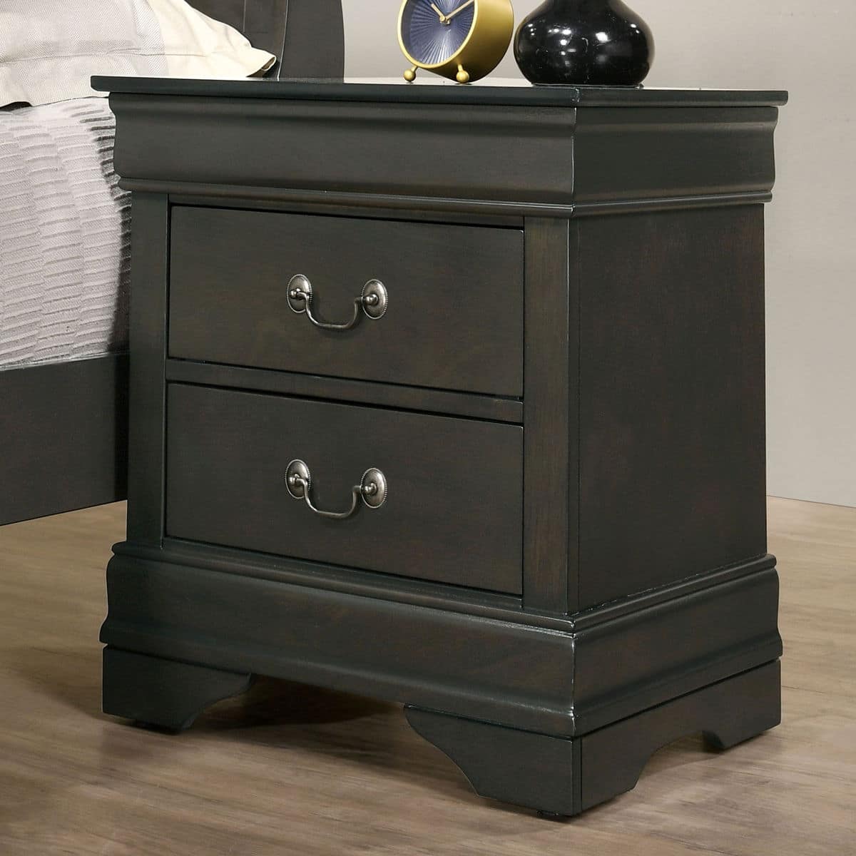Loheer - Solid Wood Nightstand, Two Drawer Bedside Table for Bedroom Storage - Gray