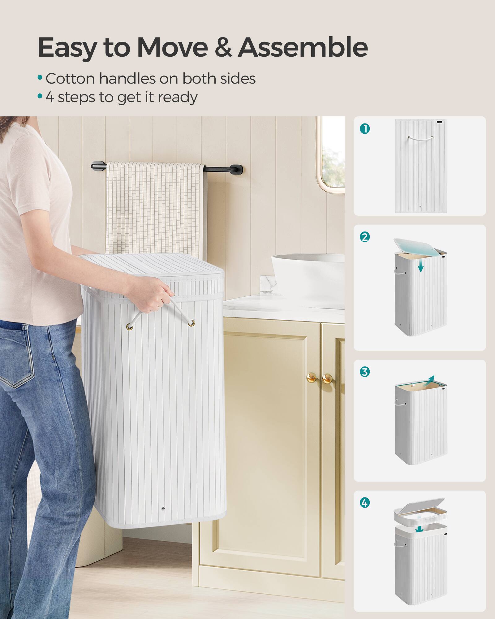Easy to Move & Assemble

- Cotton handles on both sides
- 4 steps to get it ready

1. [Image of the trash can in its initial state]
2. [Image showing the trash can being assembled]
3. [Image showing the trash can with the lid attached]
4. [Image showing the fully assembled trash can]