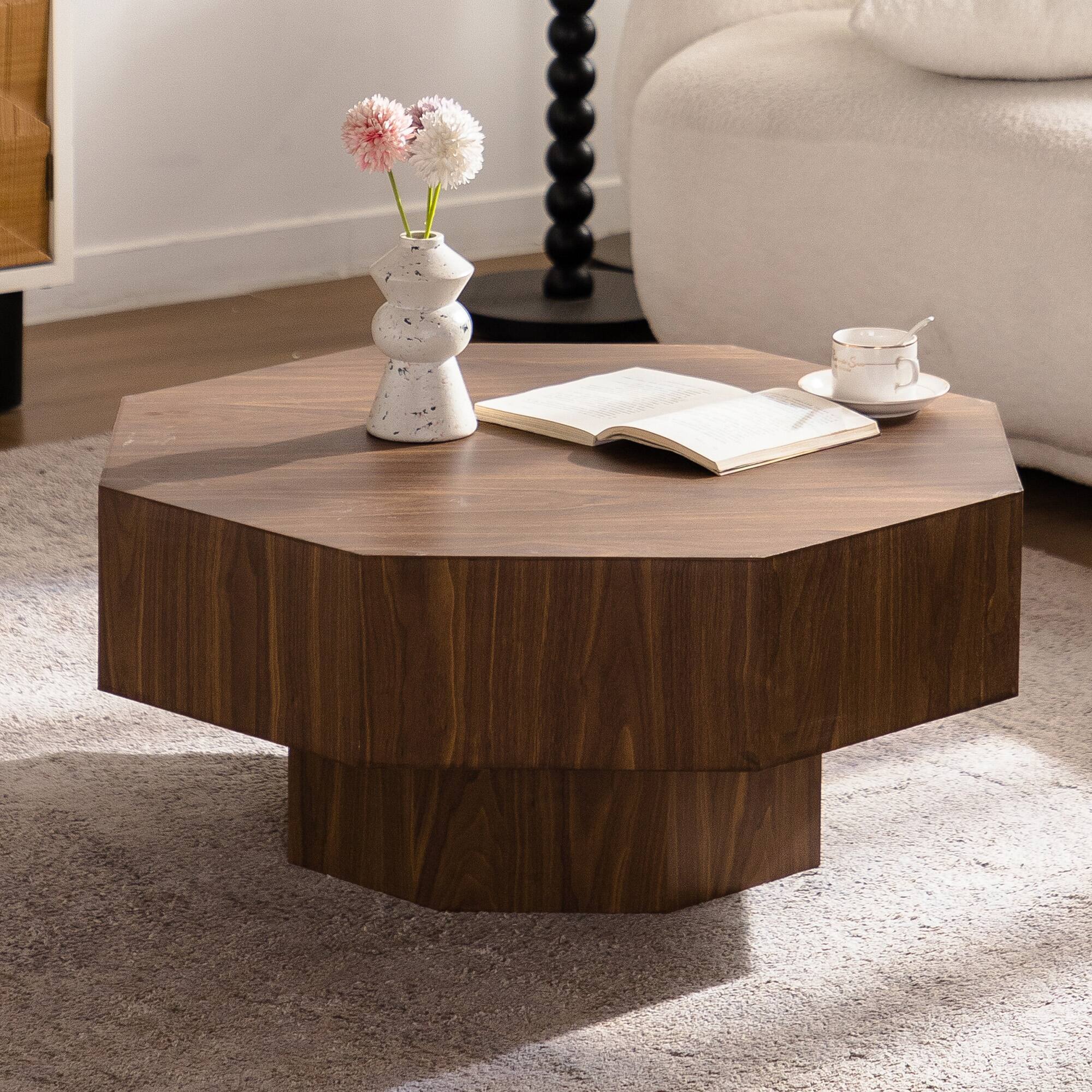 Front. APRILSOUL - Natural Wood Plastic Coffee Table Modern Handcraft Drum Table Circle Living Room ASH - Brown.