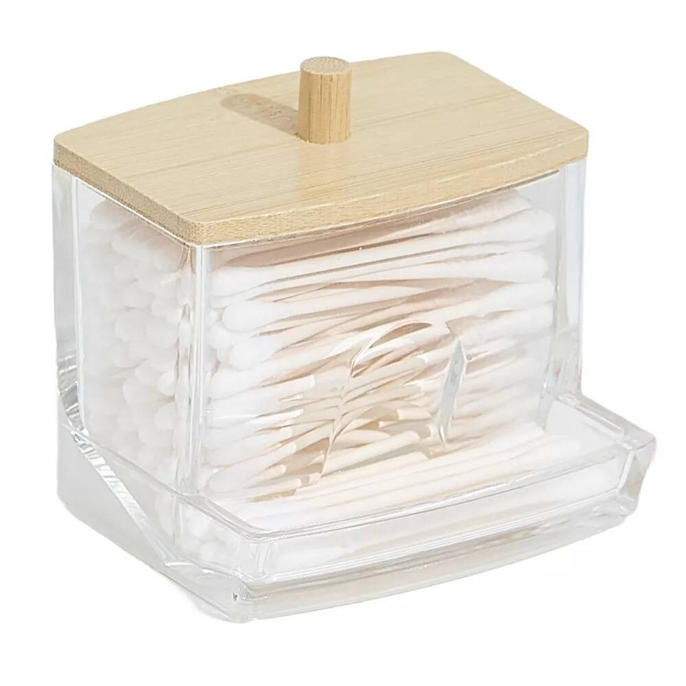 Angle. Elle - Clear Cotton Swab Dispenser with Bamboo Lid, Acrylic Qtips Dispenser, Easy-Access, Swab and Ball Holder - 1Pack - Clear/Natural Bamboo.