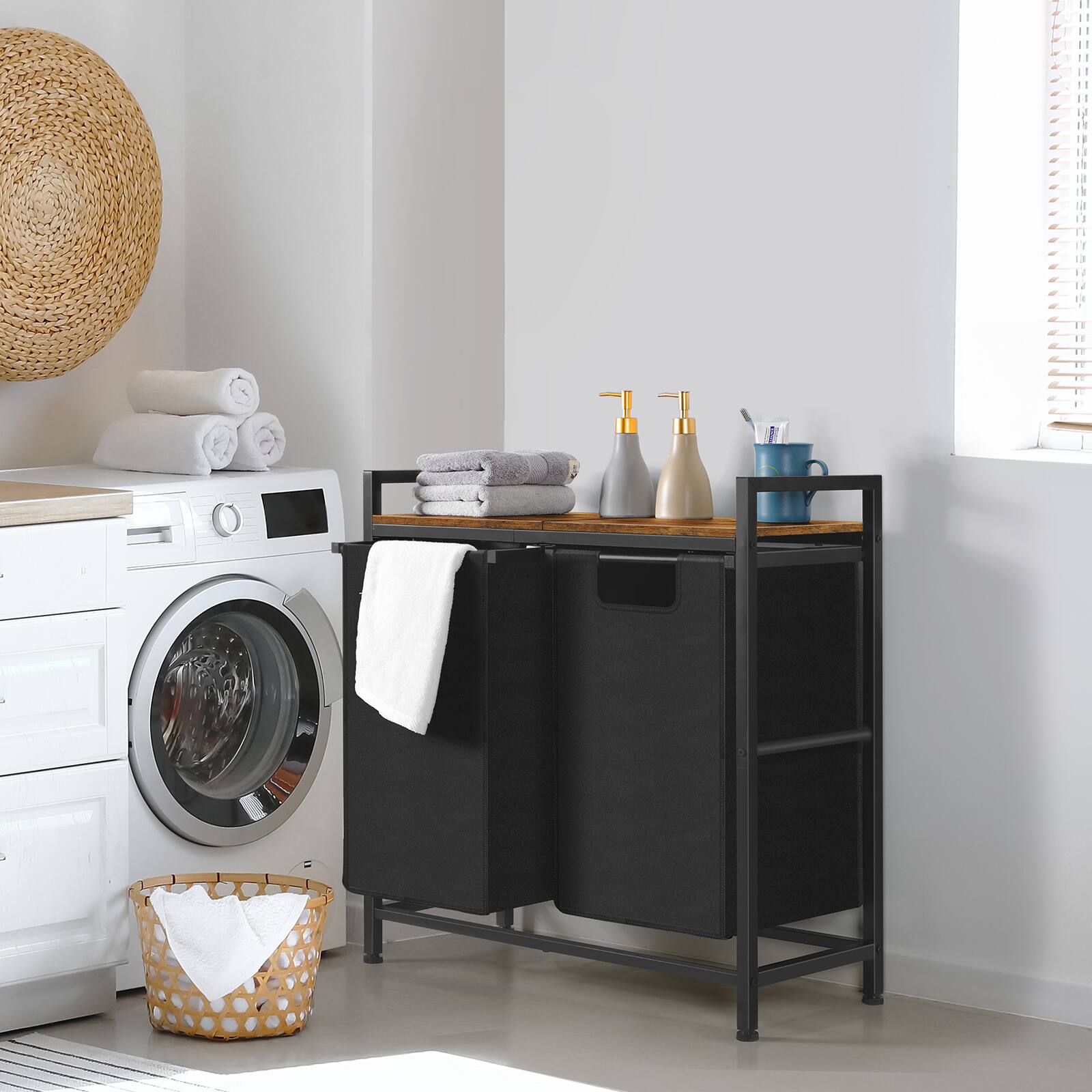 Alt View 2. Oumilen - 2 Compartment Laundry Hamper with Wood Top – Black Fabric Sorter Basket with Metal Frame & Removable Bags - Brown.