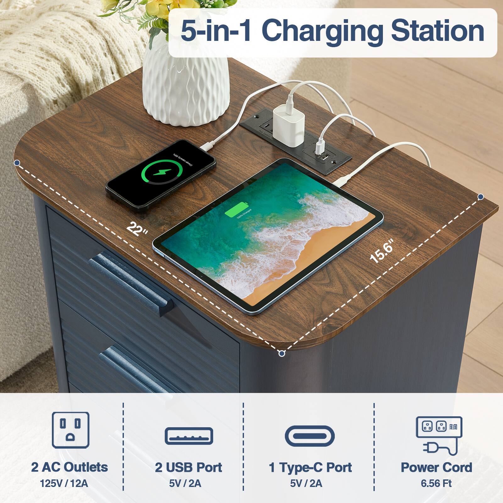 5-in-1 Charging Station

- 22" x 15.6"
- 2 AC Outlets 125V/12A
- 2 USB Port 5V/2A
- 1 Type-C Port 5V/2A
- Power Cord 6.56 Ft