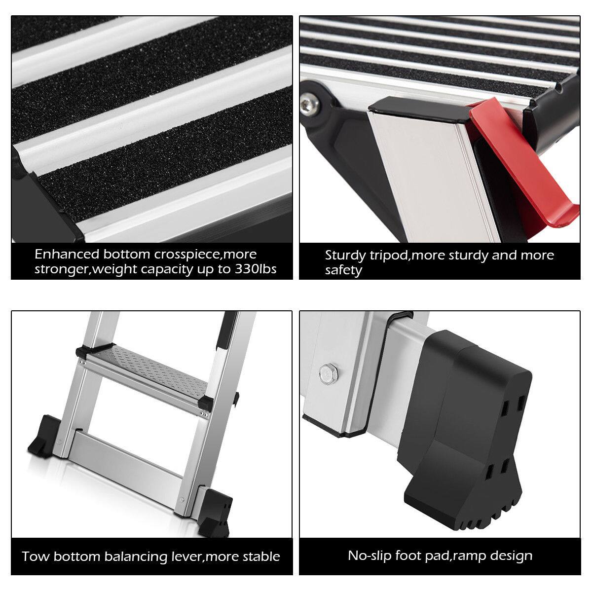 Enhanced bottom crosspiece, more stronger, weight capacity up to 330lbs  
Sturdy tripod, more sturdy and more safety  
Tow bottom balancing lever, more stable  
No-slip foot pad, ramp design