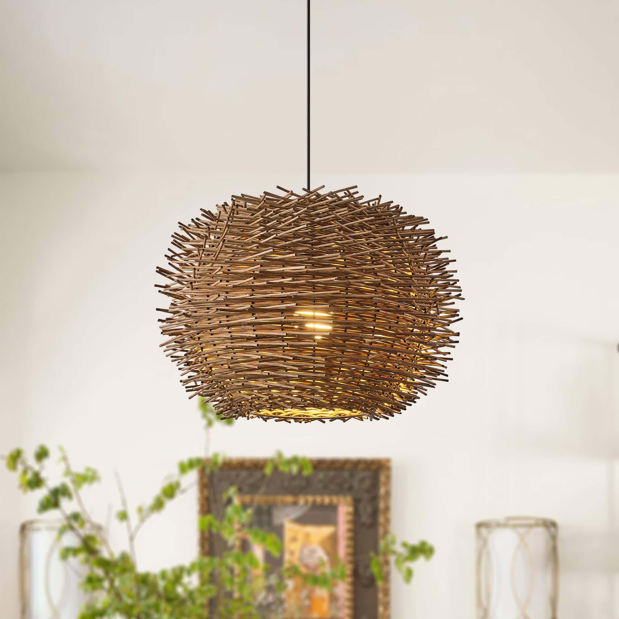 Vaczon - Modern Rattan Pendant Light – Boho Hanging Lamp with Ball Nest Design for Dining Room, Living Room, Bedroom & Kitchen - Natural Rattan