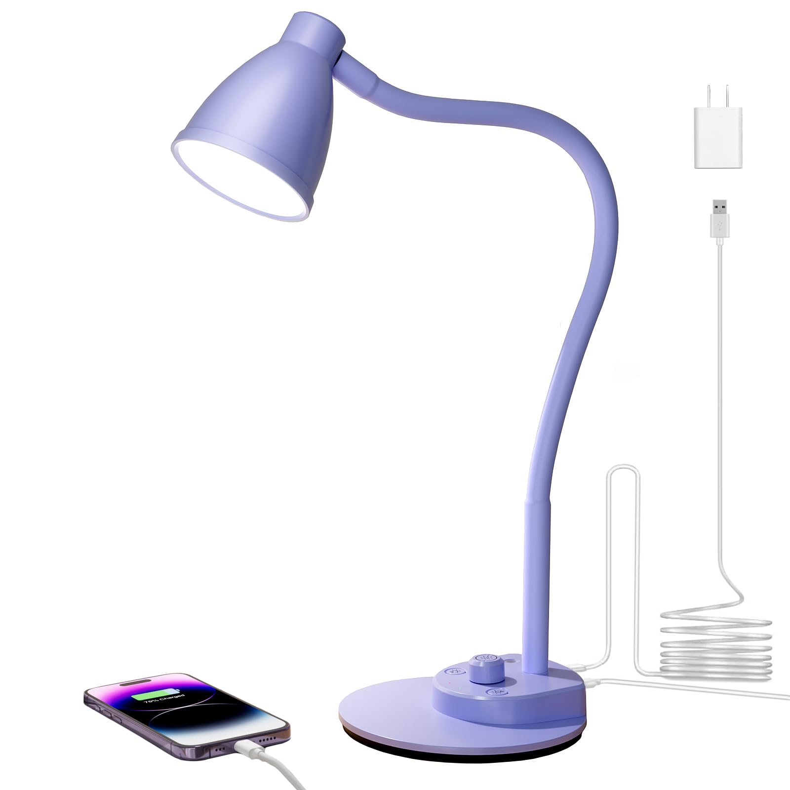 Front. MAGICAL RUBS - Led Desk Lamp With Usb Charging Port 3 Color Modes Dimmable Reading Light Intelligent Induction Auto Dimming Task Nec... - Lilac Purple.