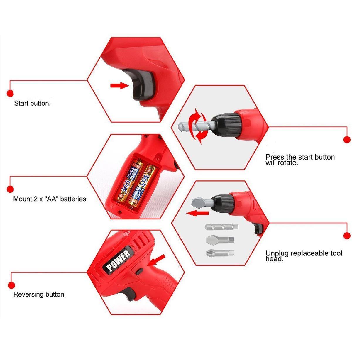 - Start button.
- Mount 2 x "AA" batteries.
- Press the start button will rotate.
- Unplug replaceable tool head.
- Reversing button.