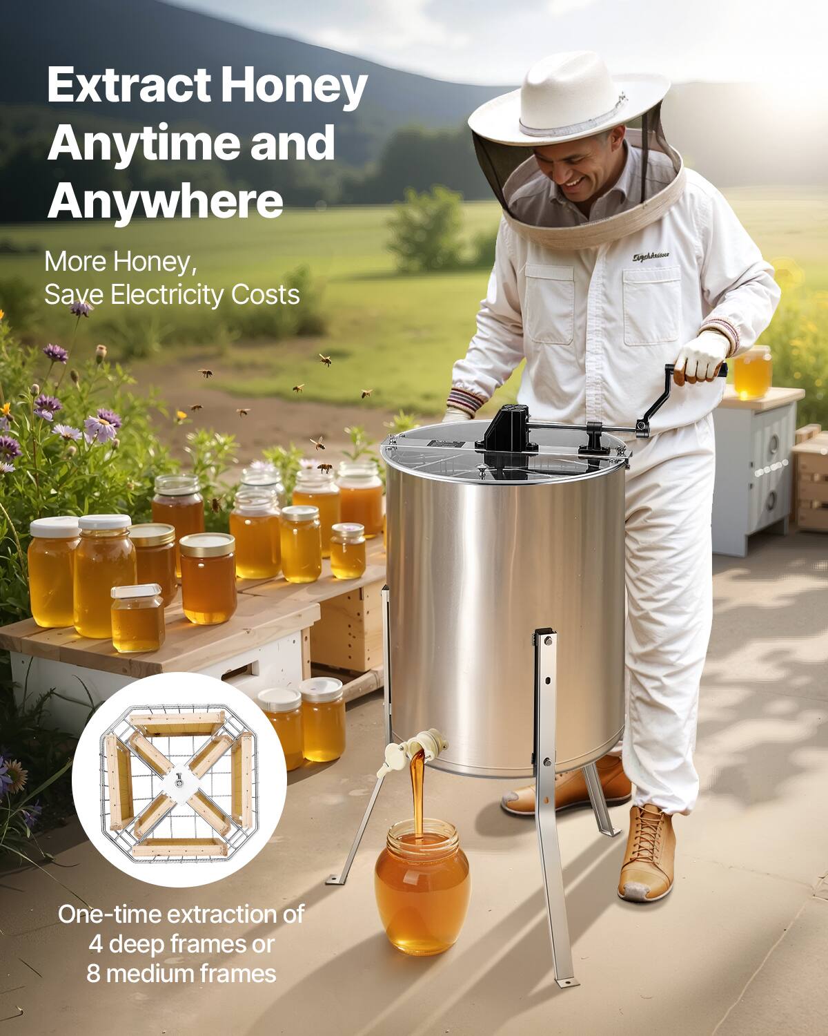 Extract Honey Anytime and Anywhere  
More Honey, Save Electricity Costs  

One-time extraction of 4 deep frames or 8 medium frames