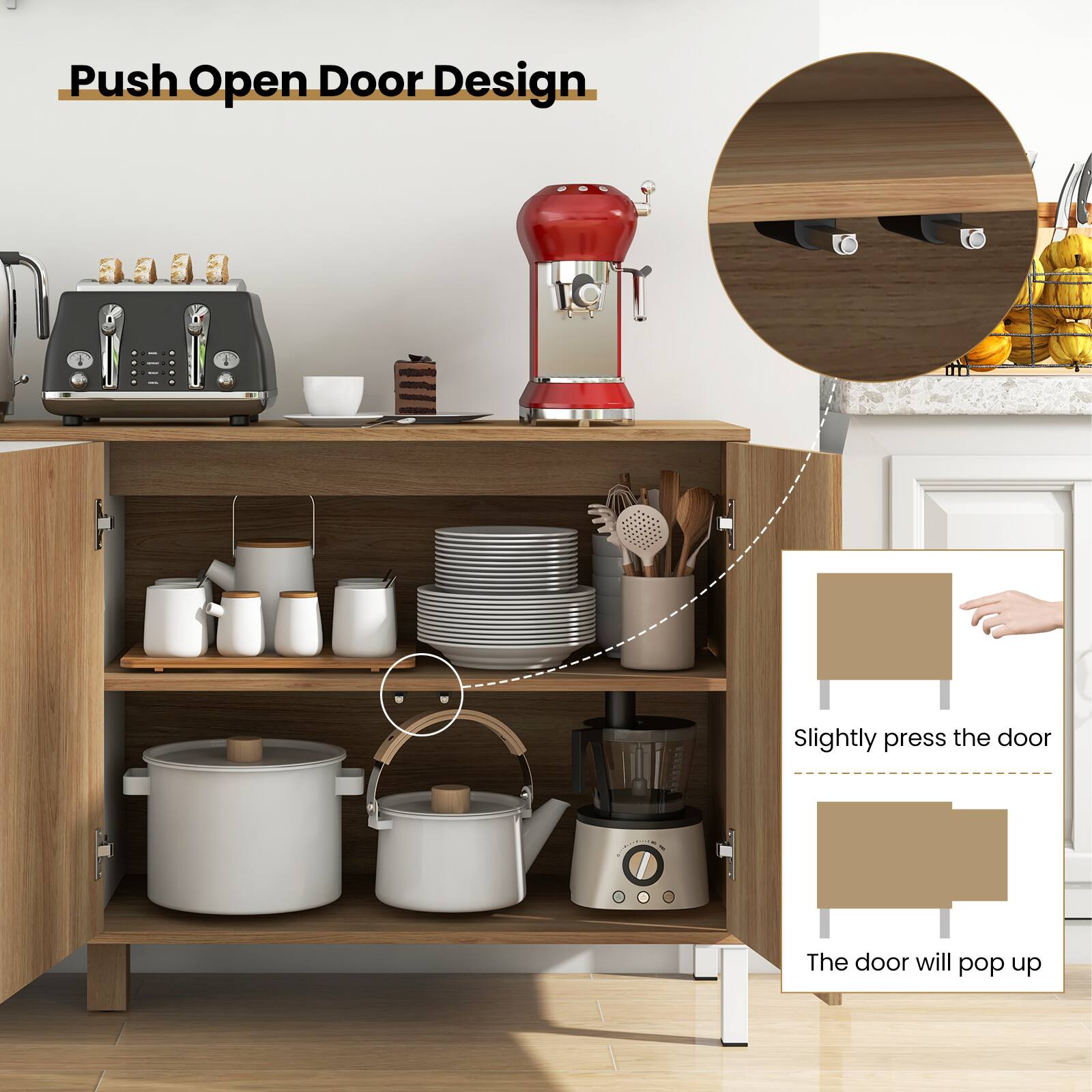 Push Open Door Design, Slightly press the door, The door will pop up.