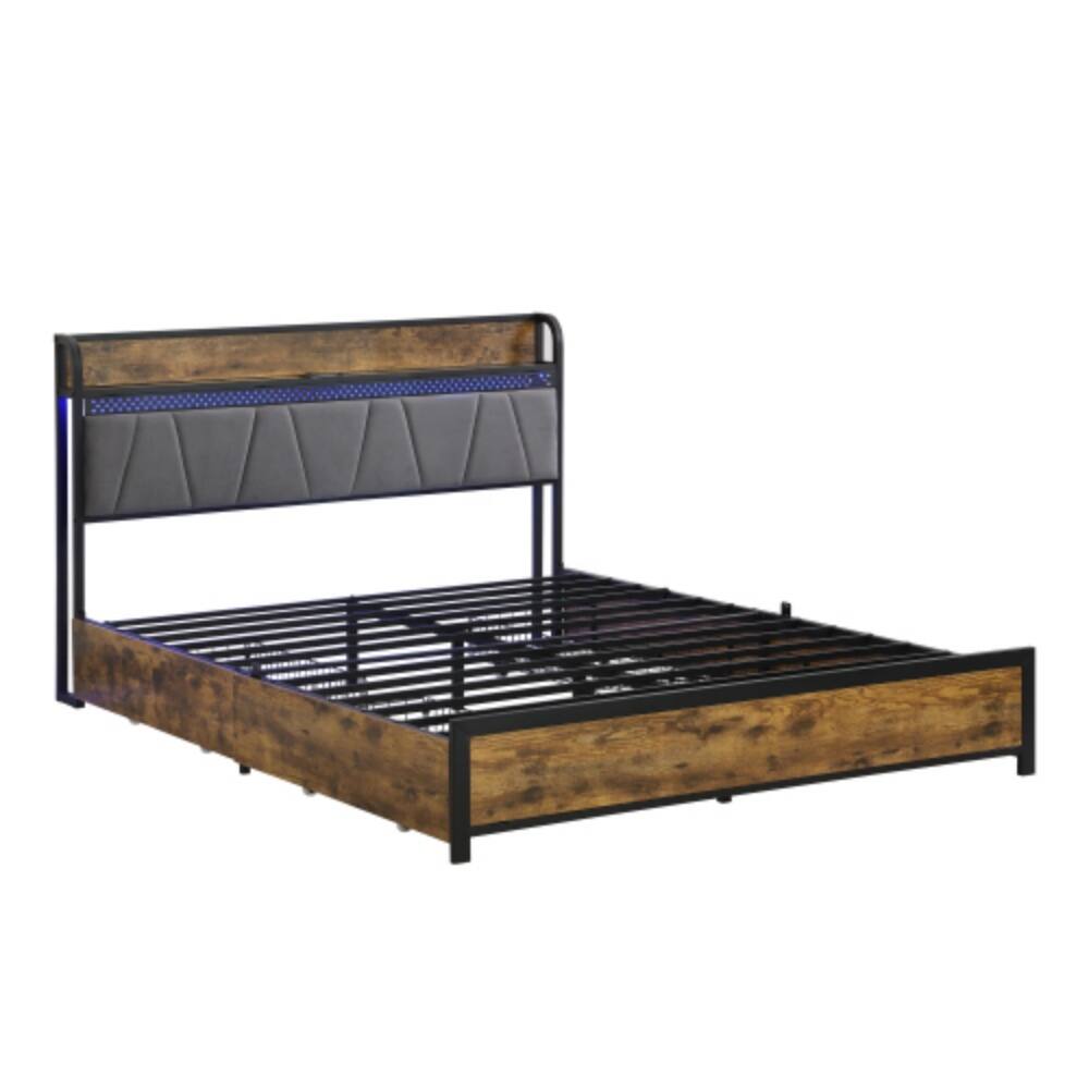 Back. LUCKY ONE - Full Size Platform Bed Frame with USB Outlets and RGB LED Lights, 4 Storage Drawers, Heavy Duty Metal Slats - Black+Brown+Grey.