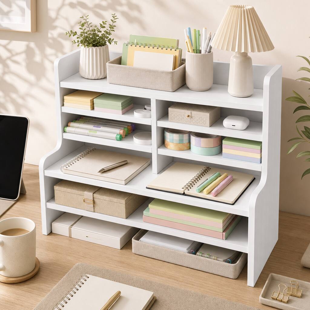 Alt View 4. Costway - Costway Desktop Bookshelf with Open Cubes and Adjustable Shelves, 19.5 x 6.5 x 16.5 in - White.