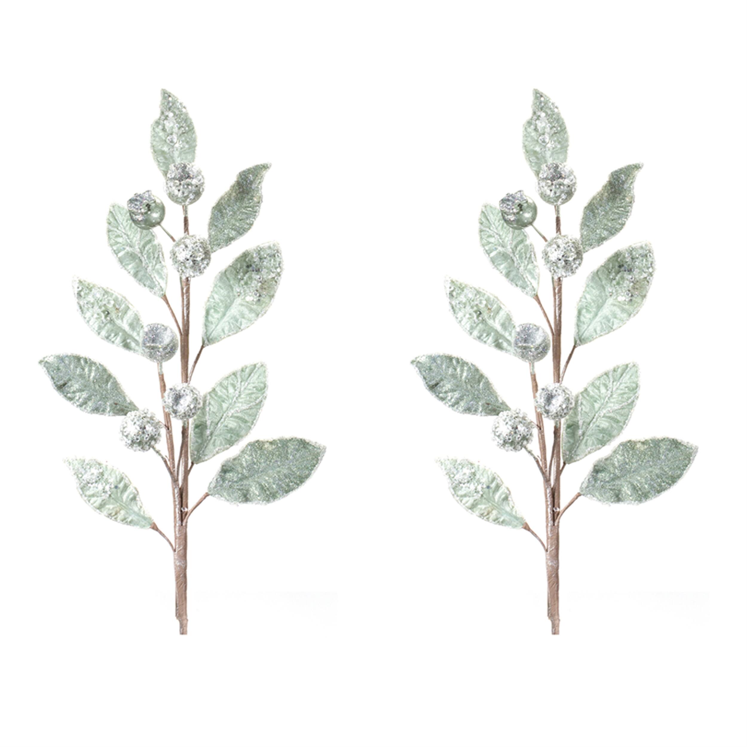 Alt View 1. BreeBe - Glittered Pod Leaf Spray (Set of 2) - Green.