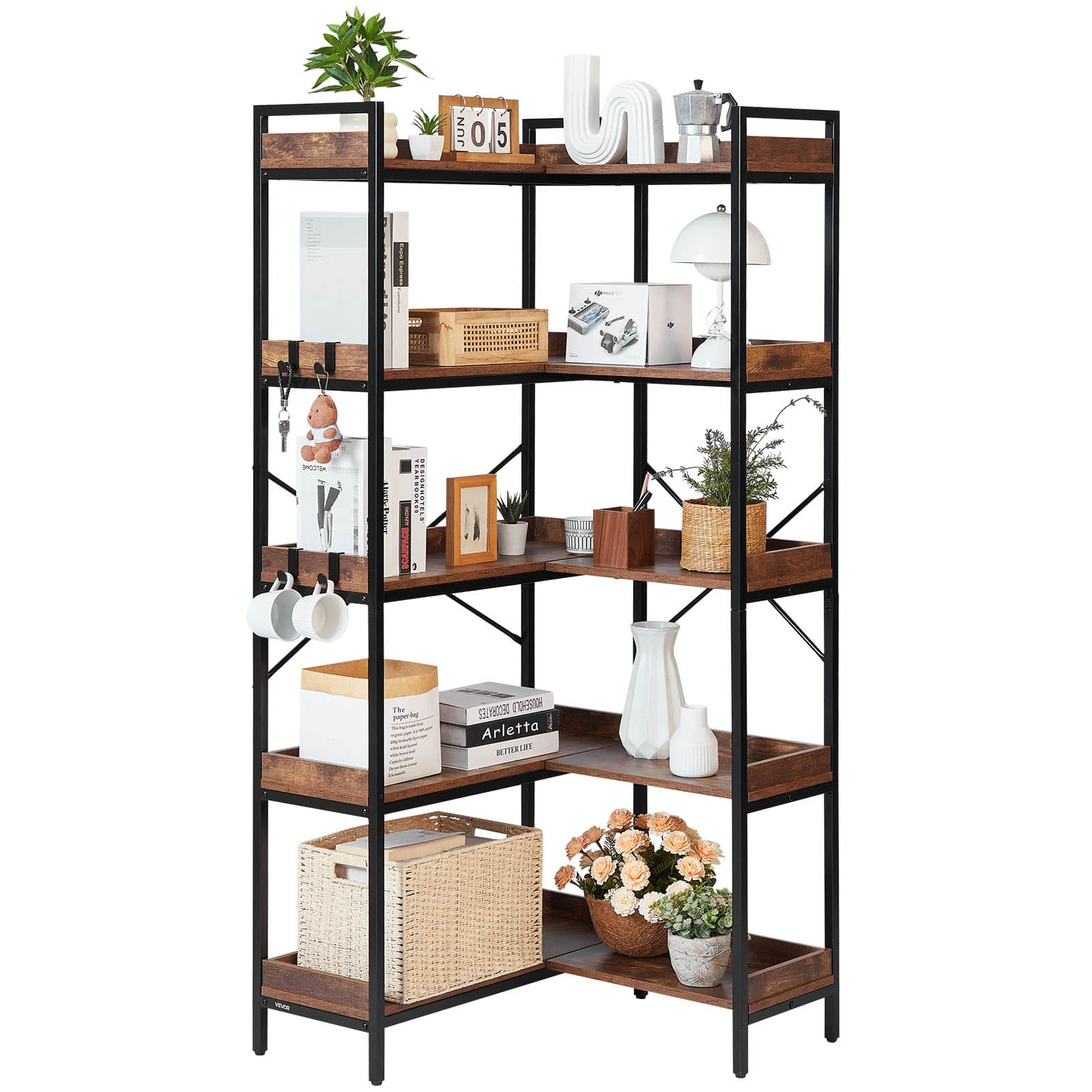 VEVOR - 5 Tier 65.4" Tall Corner Bookshelf with 4 Hooks, Heavy Duty Metal Frame & Wooden Shelves, L Shaped Corner Display Shelf - Brown