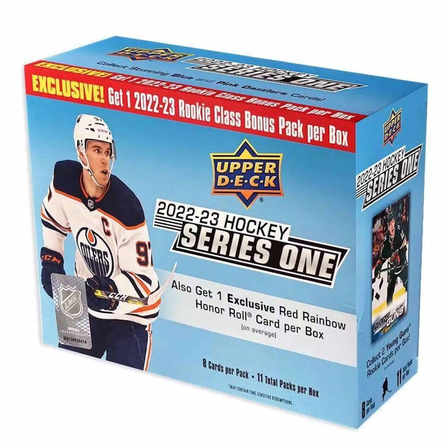 EXCLUSIVE! Get 1 2022-23 Rookie Class Bonus Pack per Box

UPPER DECK

2022-23 HOCKEY SERIES ONE

Also Get 1 Exclusive Red Rainbow Honor Roll® Card per Box (on average)

8 Cards per Pack - 11 Total Packs per Box

Collect Cards per Box

Young Guns

Guns of the Game