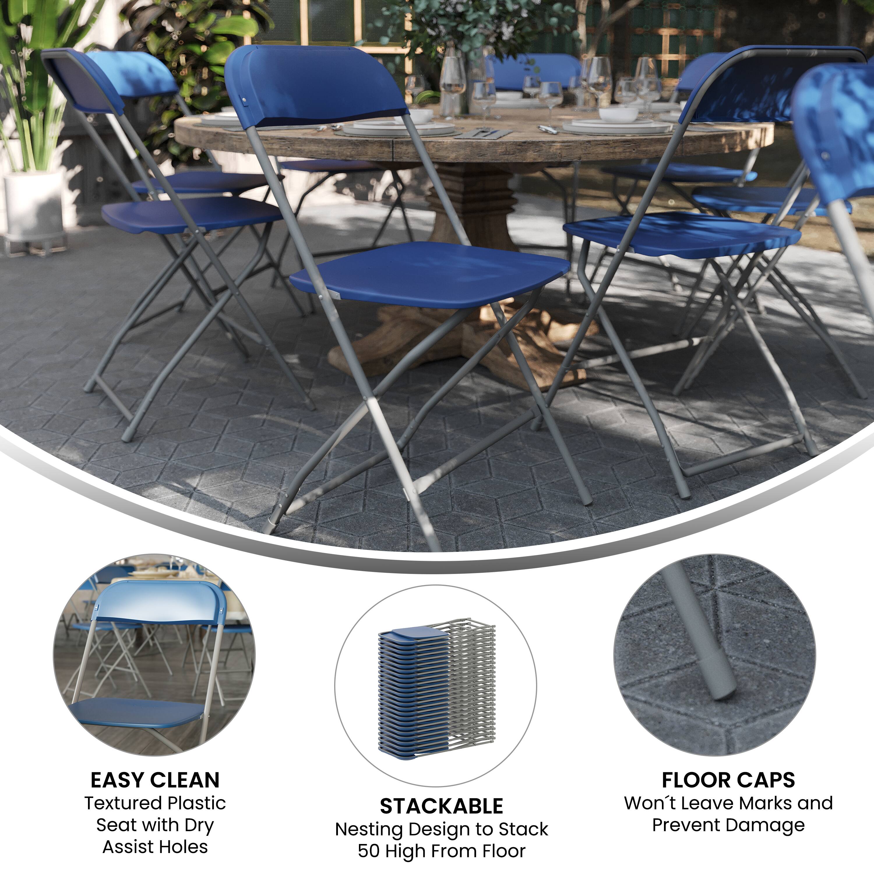 EASY CLEAN  
Textured Plastic Seat with Dry Assist Holes  

STACKABLE  
Nesting Design to Stack 50 High From Floor  

FLOOR CAPS  
Won't Leave Marks and Prevent Damage