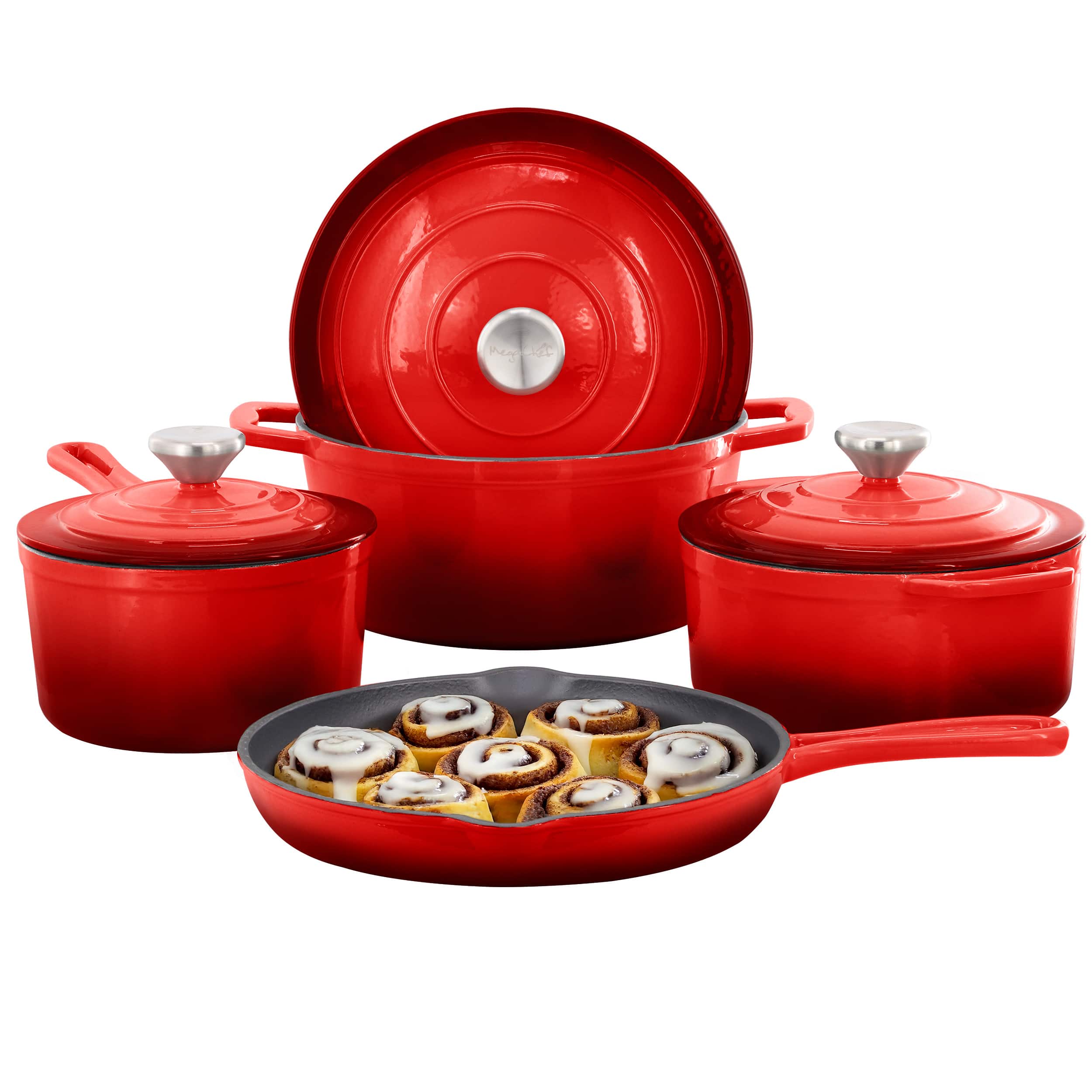 MegaChef - 7 Piece Enameled Cast Iron Cookware Set - Red