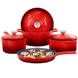 Mega Chef - MegaChef 7 Piece Enameled Cast Iron Cookware Set - Red