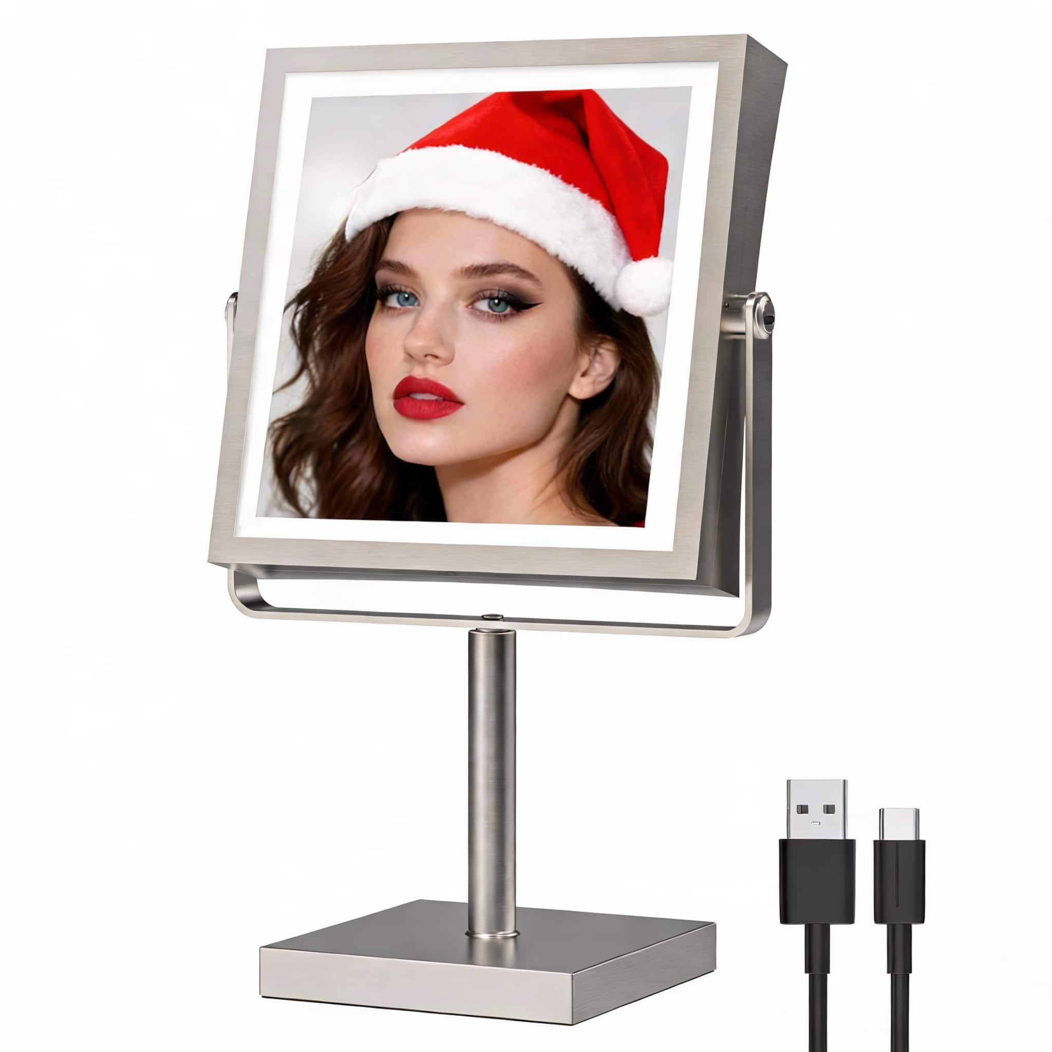 PO3TICJUNKI3 - 4000mAh Rechargeable Vanity Mirror, 1X/10X Magnifying, 3-Color Dimmable Lights, Height-Adjustable, 360° Rotation - Brushed Nickel