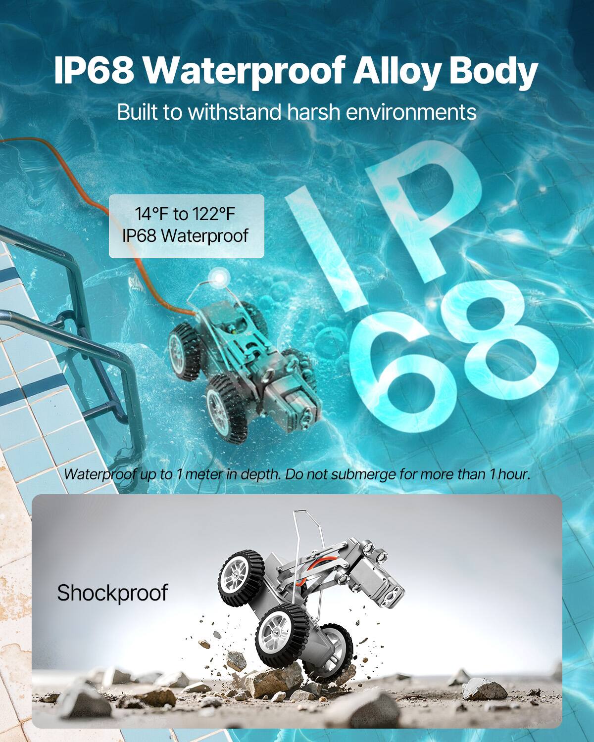 IP68 Waterproof Alloy Body  
Built to withstand harsh environments  
14°F to 122°F  
IP68 Waterproof  
Waterproof up to 1 meter in depth. Do not submerge for more than 1 hour.  
Shockproof